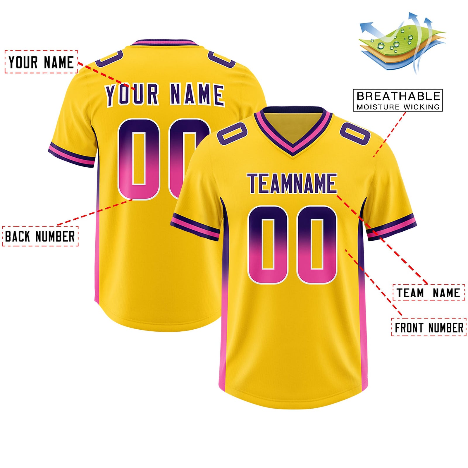 Custom Gold Purple and Pink Sides Gradient Fashion Personalized Team Football Jersey