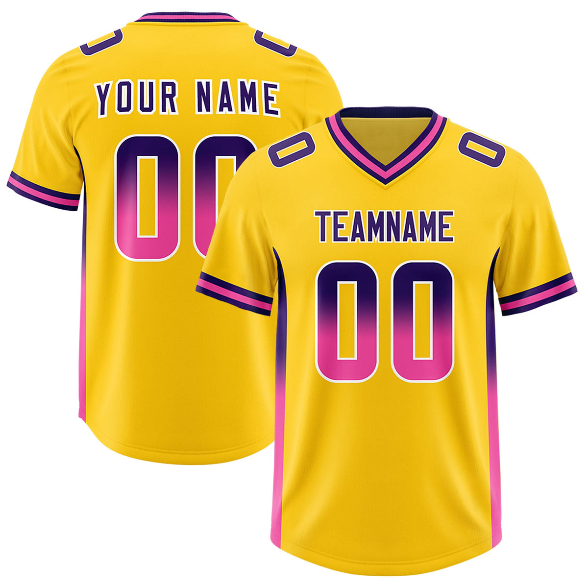 Custom Gold Purple and Pink Sides Gradient Fashion Personalized Team Football Jersey