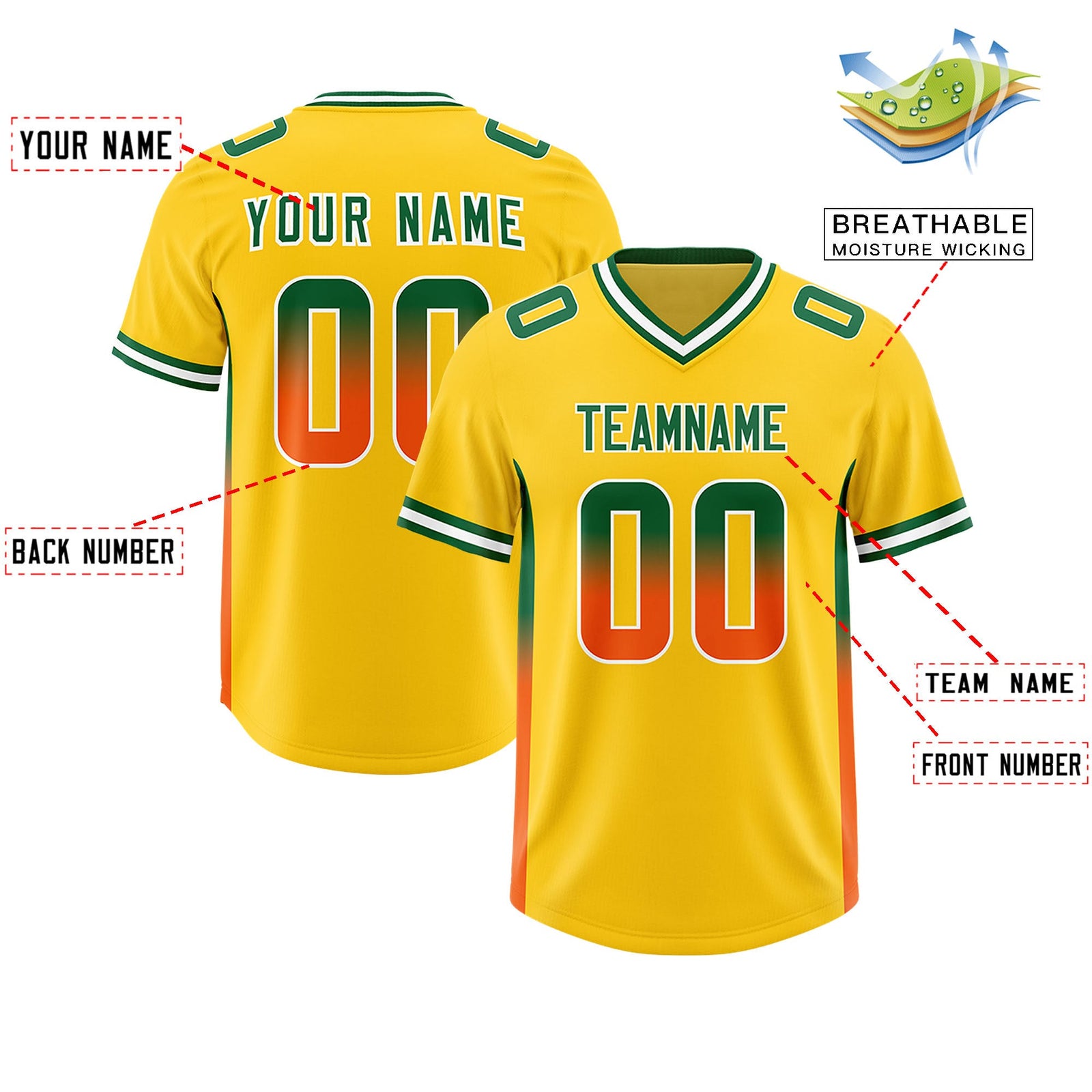 Custom Gold Kelly Green and Orange Sides Gradient Fashion Personalized Team Football Jersey