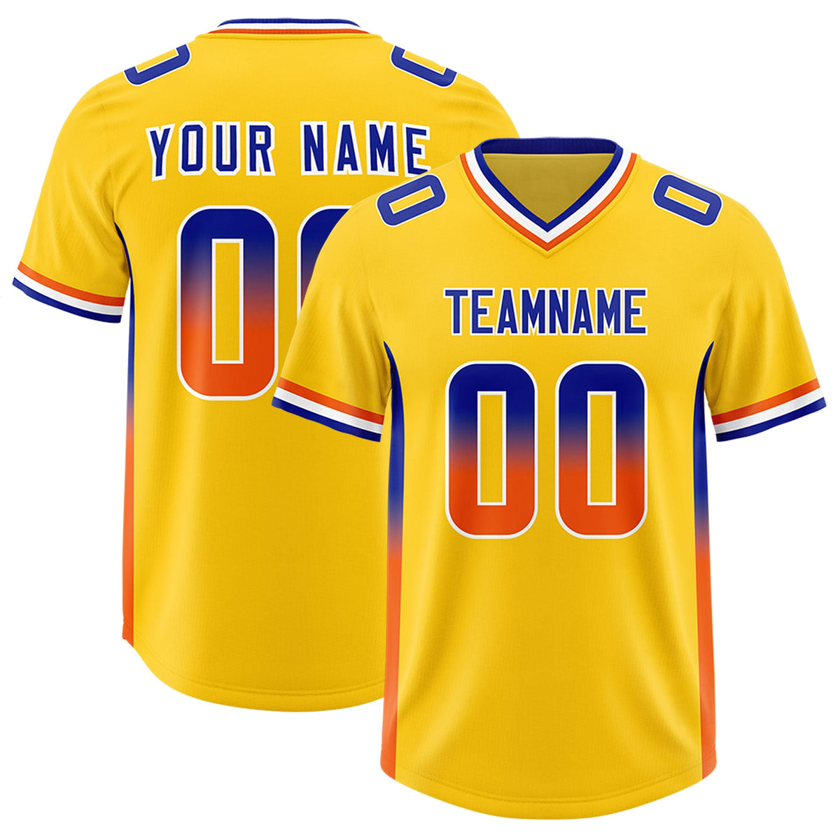 Custom Gold Royal and Orange Sides Gradient Fashion Personalized Team Football Jersey