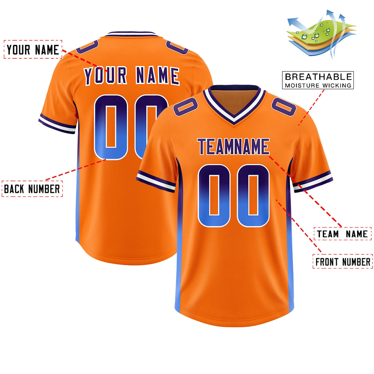 Custom Orange Purple and Powder Blue Sides Gradient Fashion Personalized Team Football Jersey