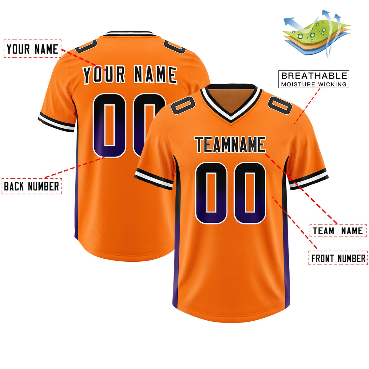 Custom Orange Black and Purple Sides Gradient Fashion Personalized Team Football Jersey