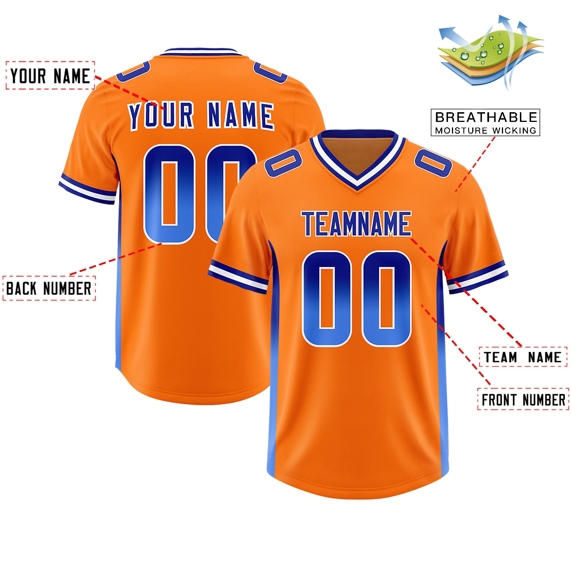 Custom Orange Royal and Powder Blue Sides Gradient Fashion Personalized Team Football Jersey