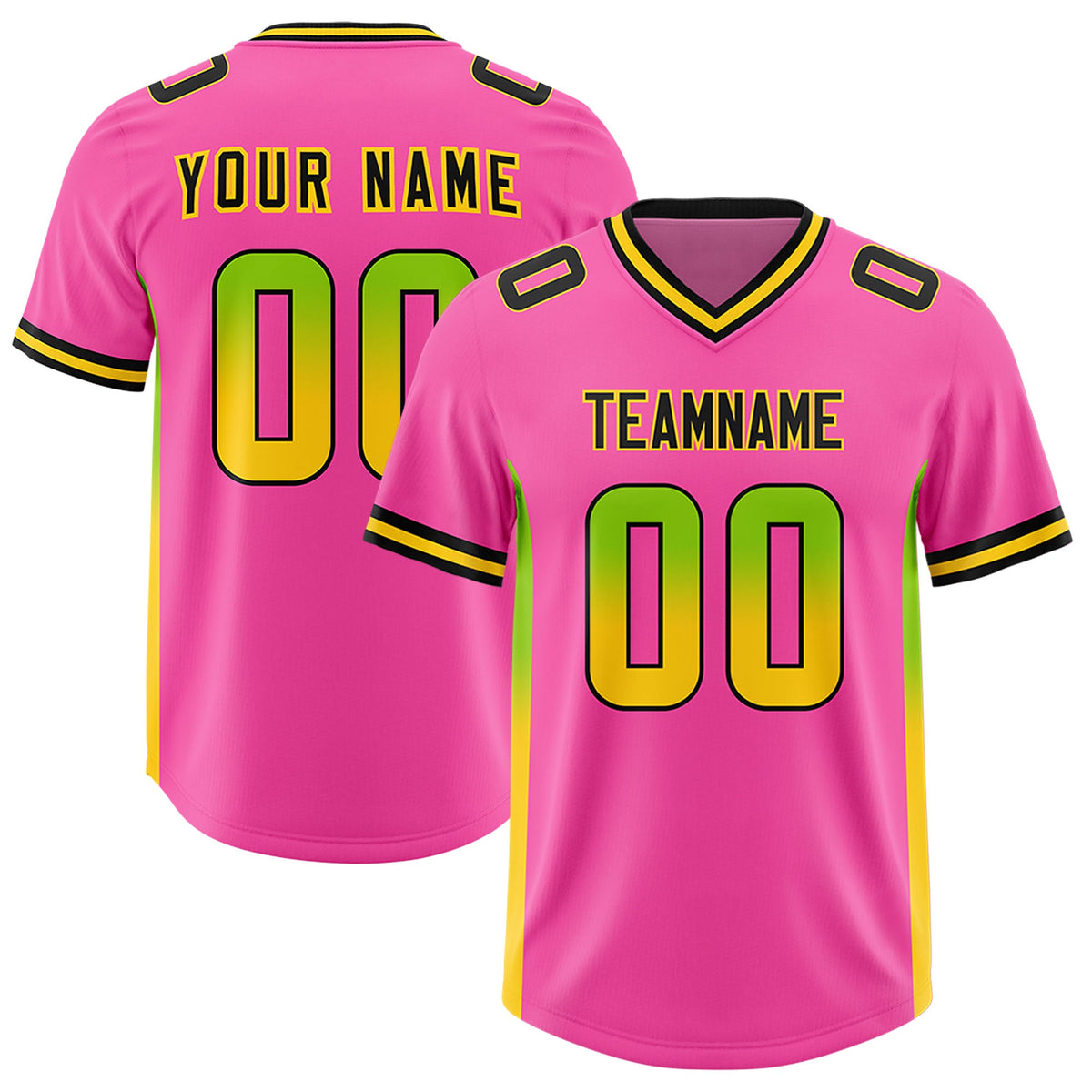 Custom Pink Neon Green and Gold Sides Gradient Fashion Personalized Team Football Jersey