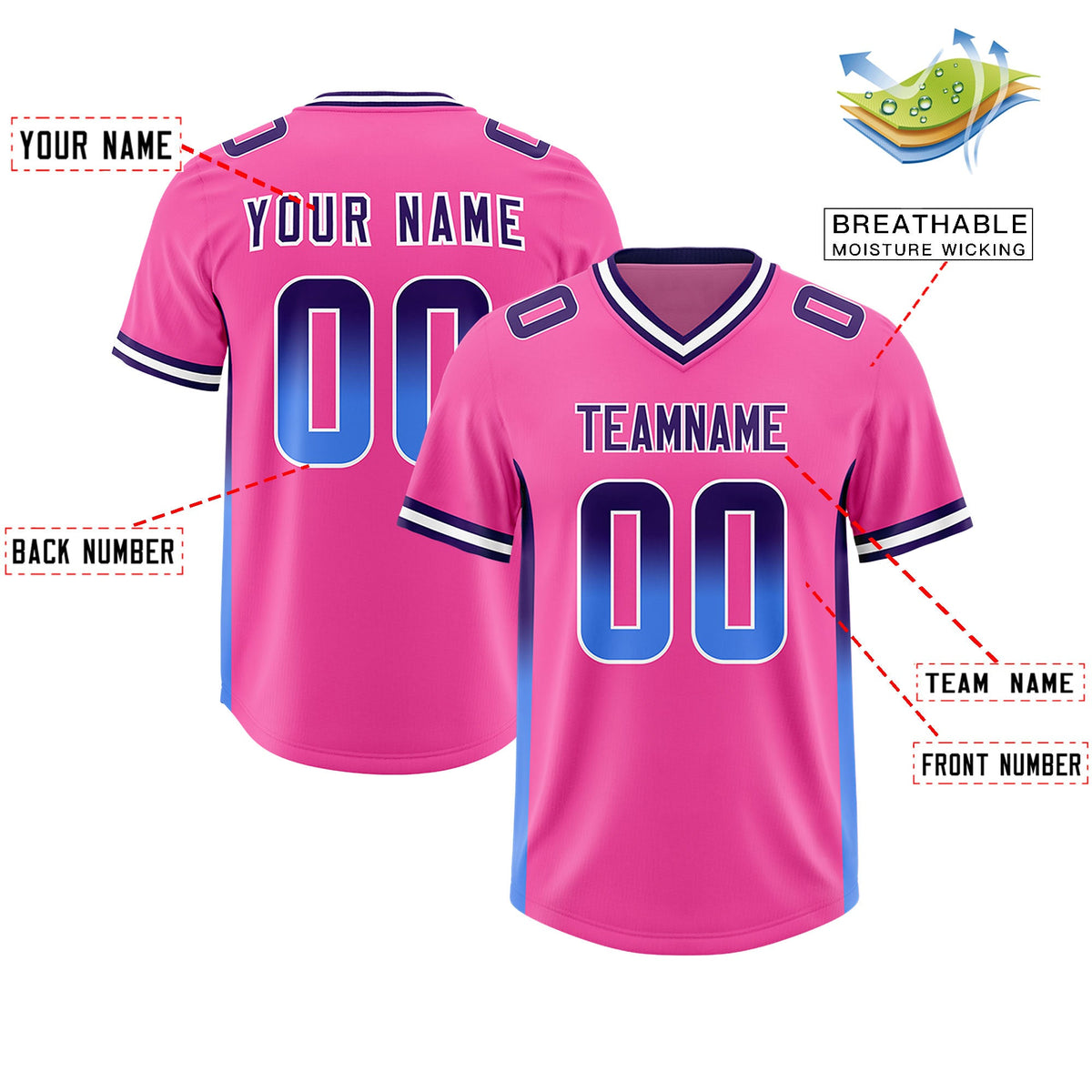 Custom Pink Purple and Powder Blue Sides Gradient Fashion Personalized Team Football Jersey
