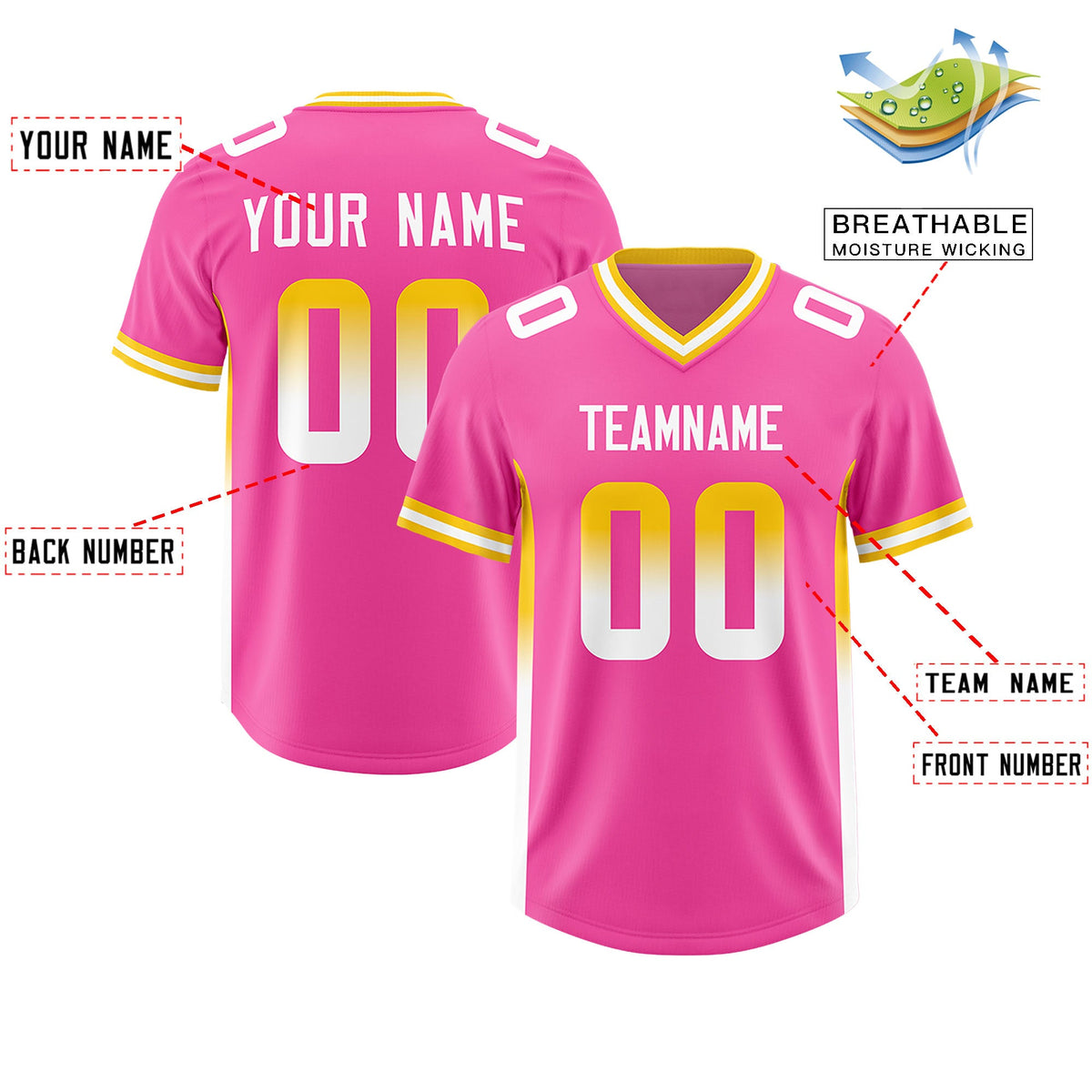 Custom Pink Gold Sides Gradient Fashion Personalized Team Football Jersey
