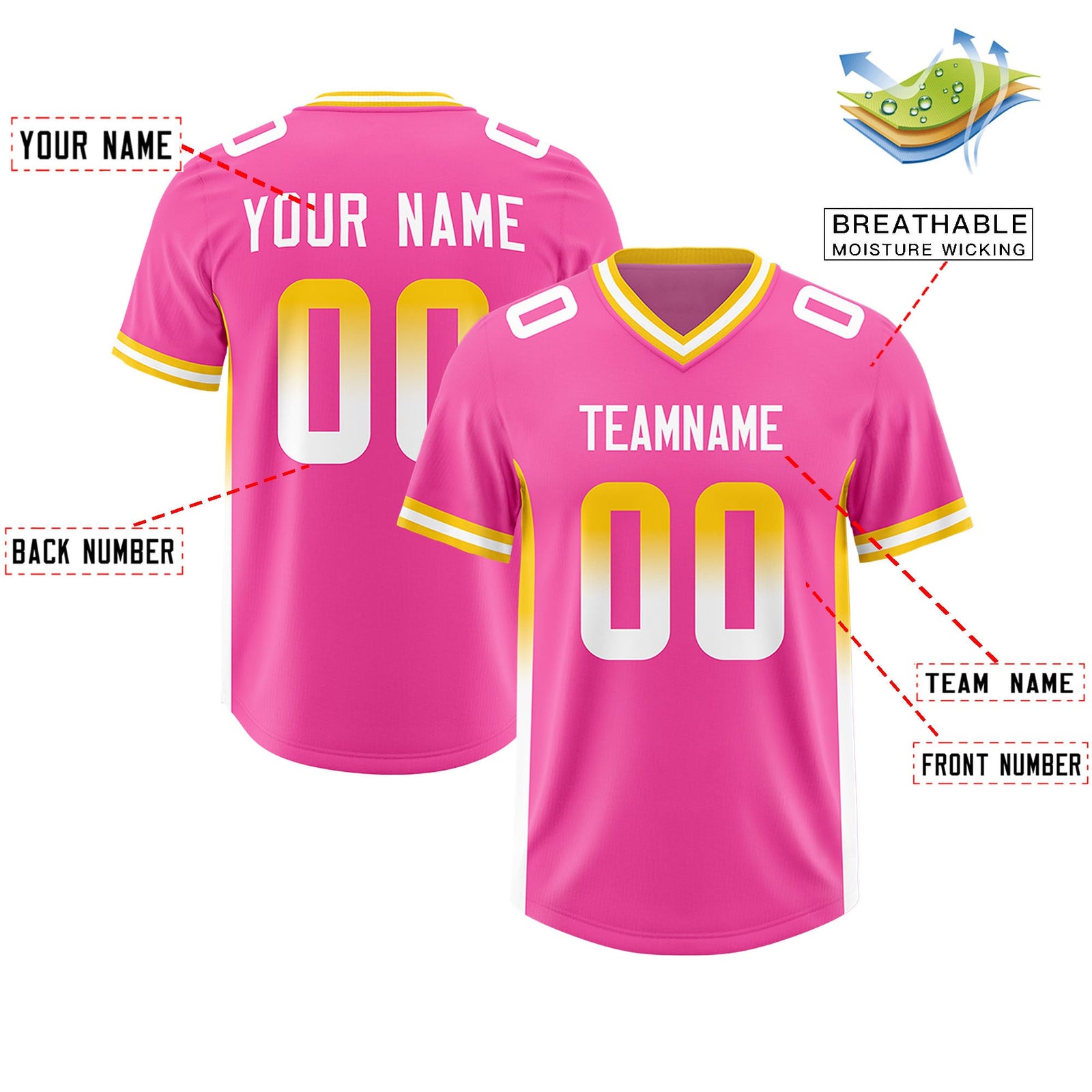 Custom Pink Gold Sides Gradient Fashion Personalized Team Football Jersey