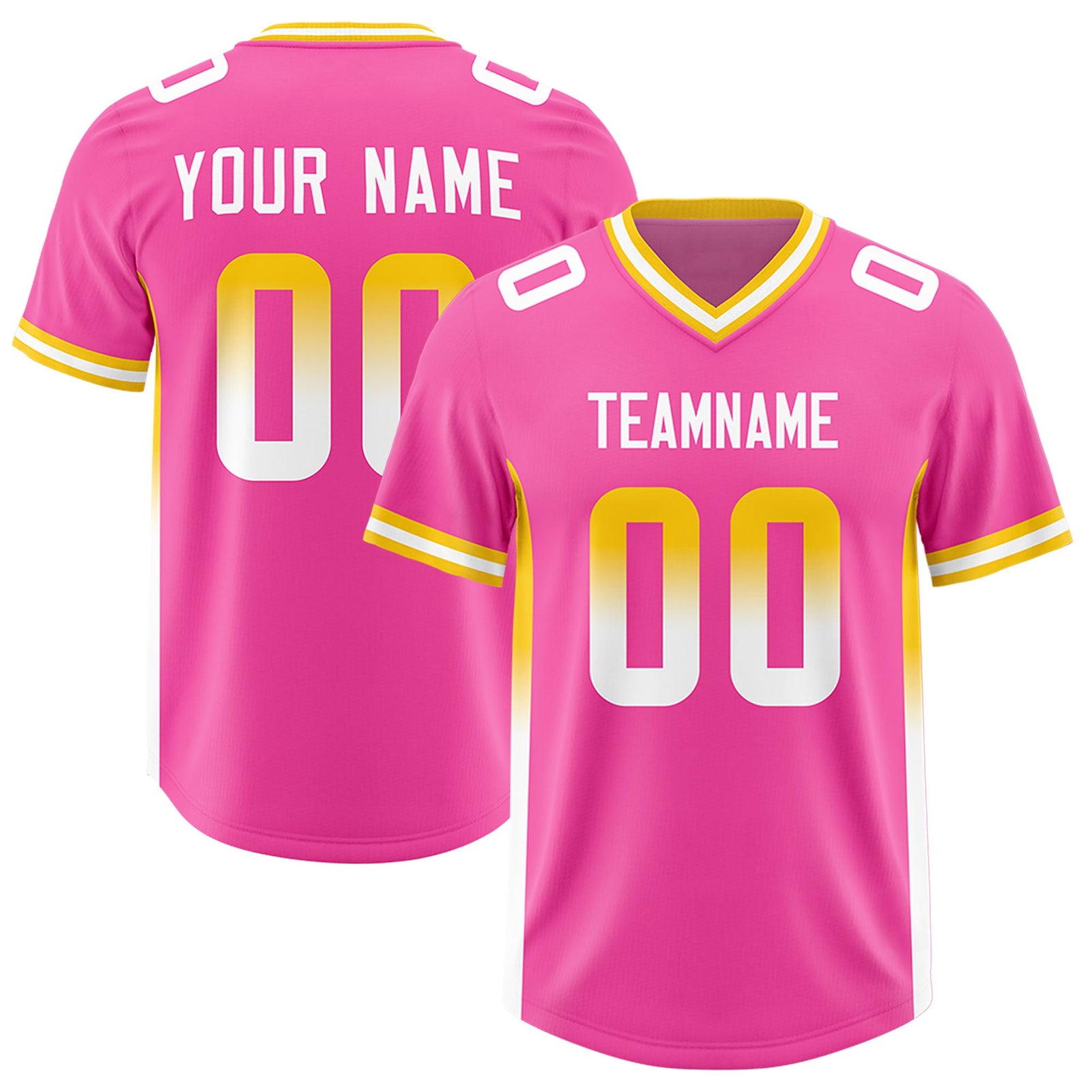 Custom Pink Gold Sides Gradient Fashion Personalized Team Football Jersey