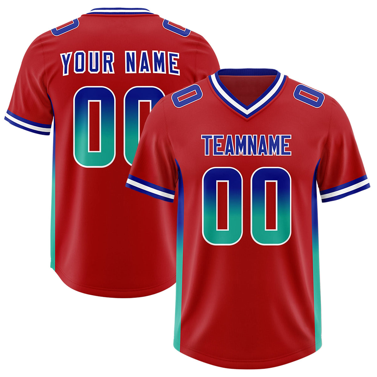 Custom Red Royal and Bright Green Sides Gradient Fashion Personalized Team Football Jersey