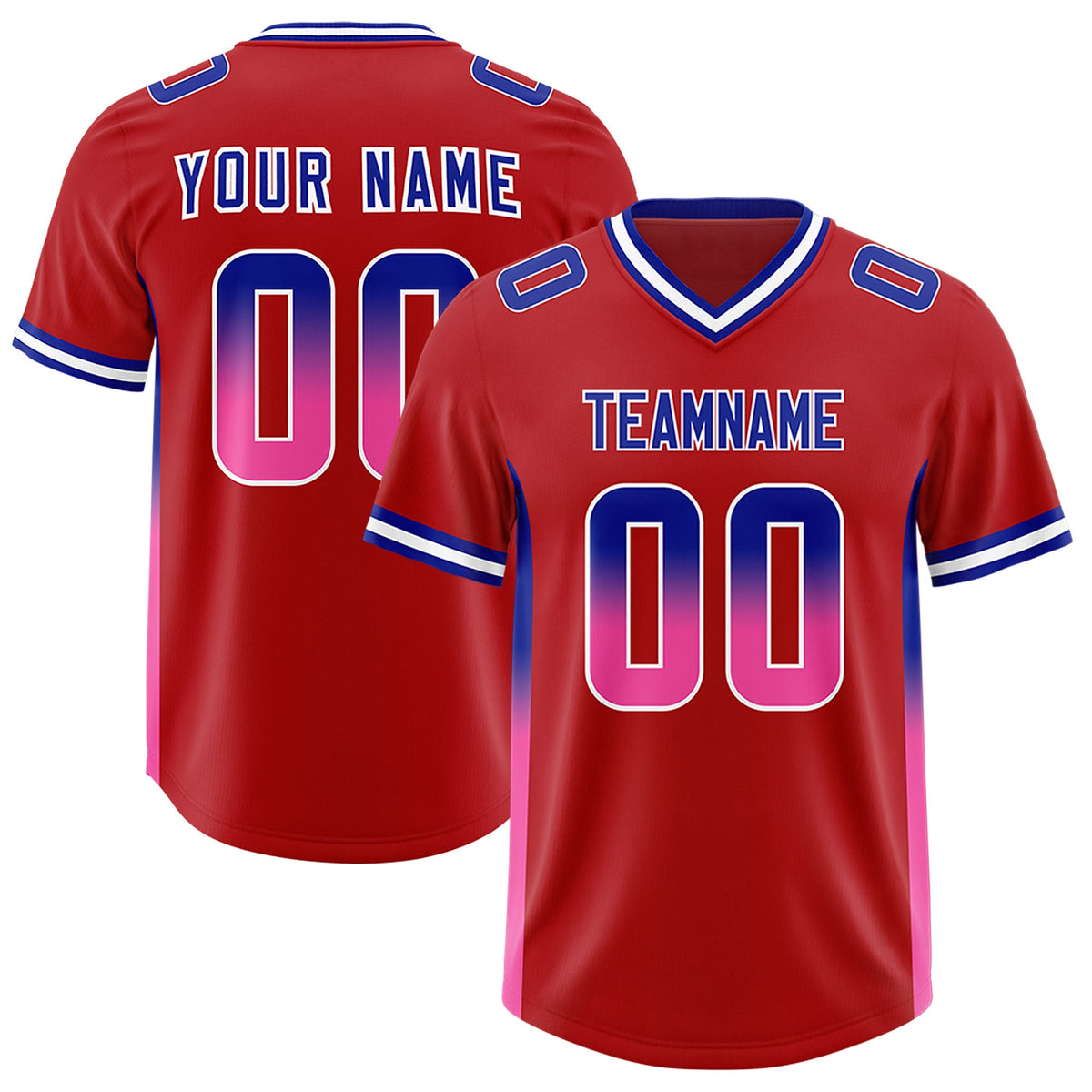 Custom Red Royal and Pink Sides Gradient Fashion Personalized Team Football Jersey