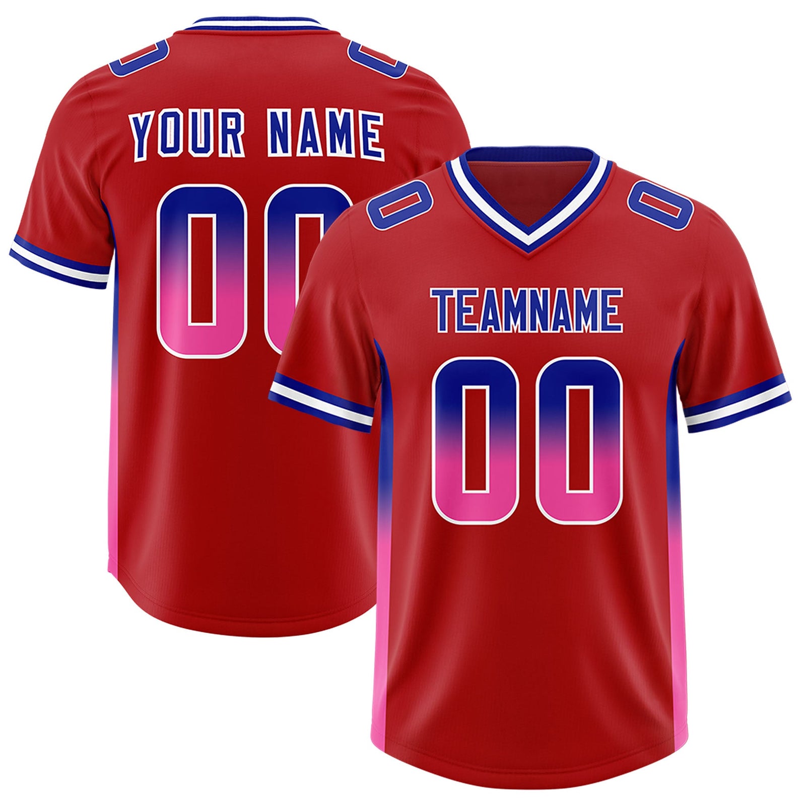 Custom Red Royal and Pink Sides Gradient Fashion Personalized Team Football Jersey