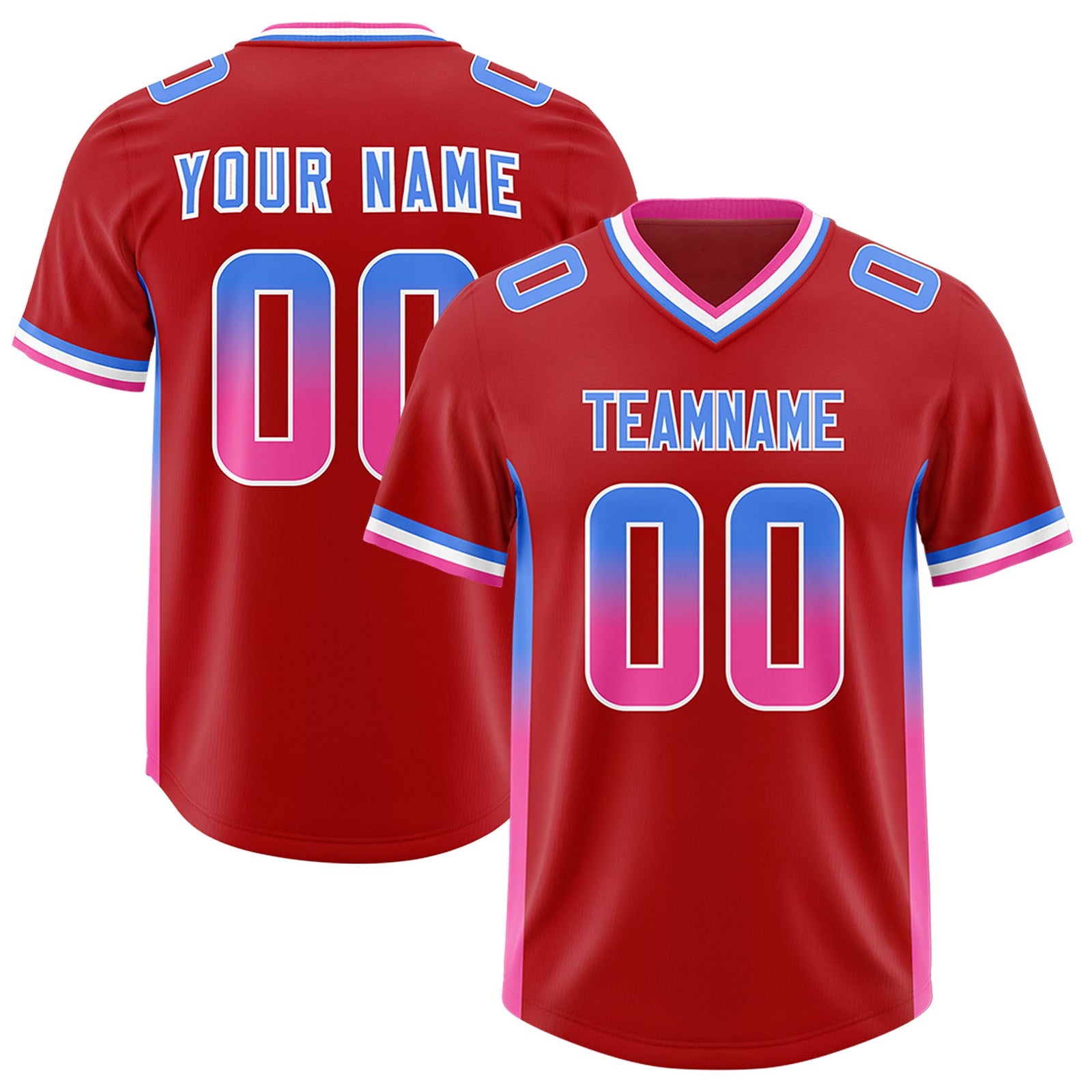 Custom Red Powder Blue and Pink Sides Gradient Fashion Personalized Team Football Jersey