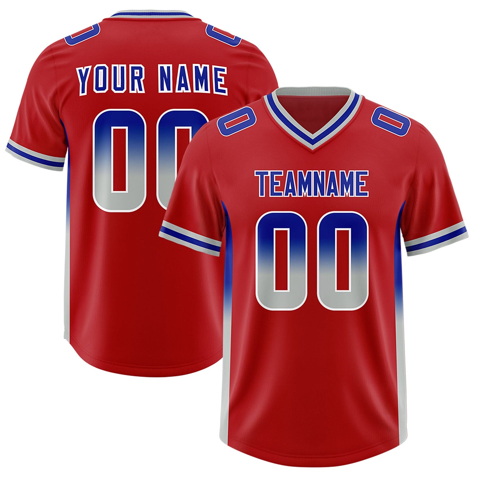 Custom Red Royal and Gray Sides Gradient Fashion Personalized Team Football Jersey