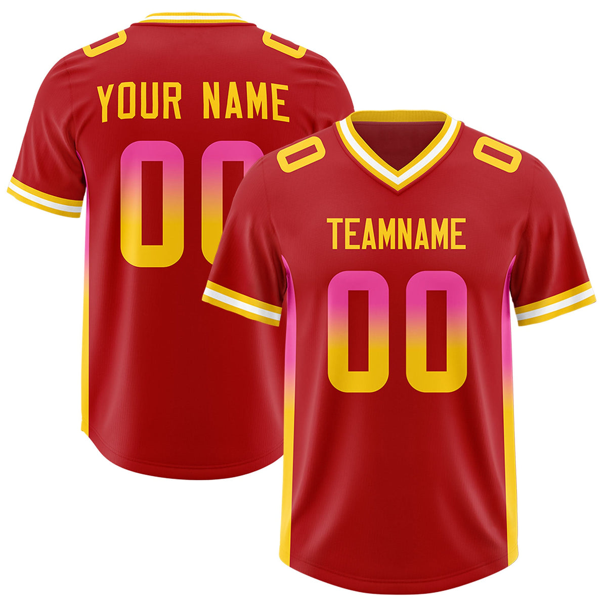 Custom Red Pink and Gold Sides Gradient Fashion Personalized Team Football Jersey
