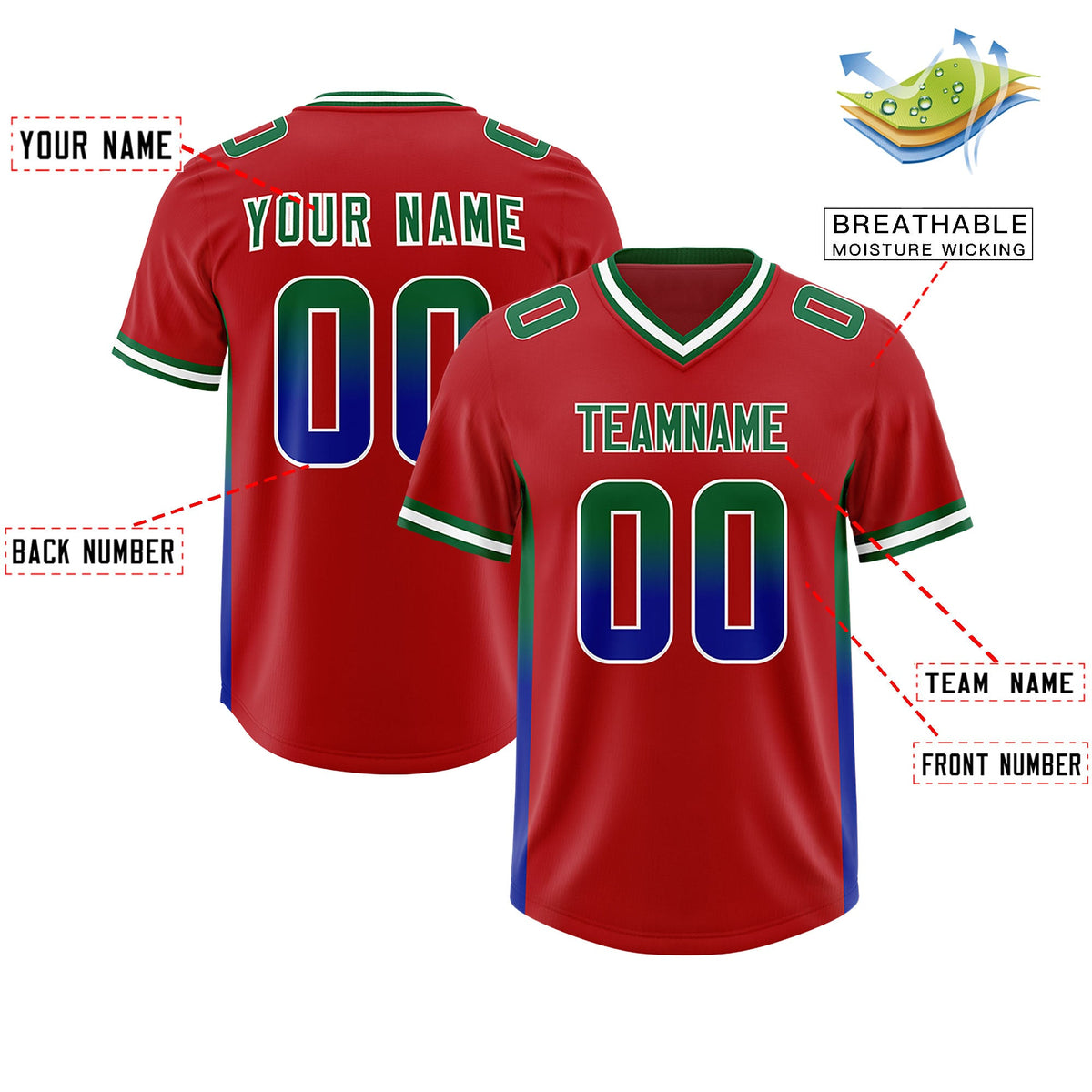 Custom Red Kelly Green and Royal Sides Gradient Fashion Personalized Team Football Jersey