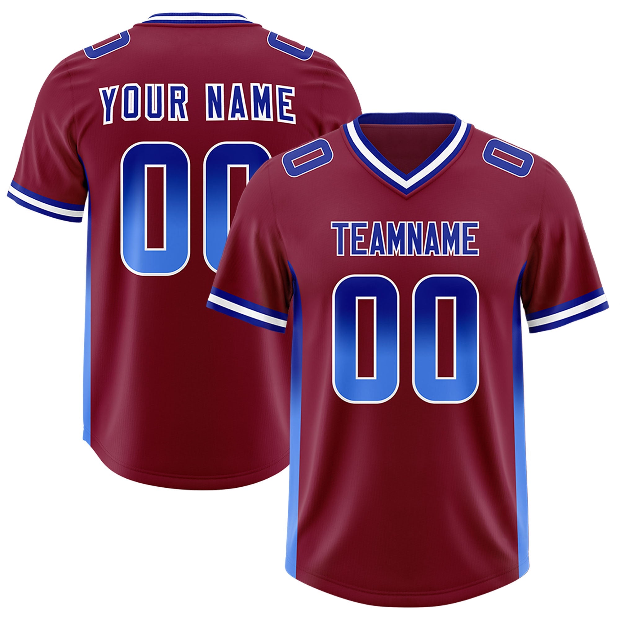 Custom Cardinal Royal and Powder Blue Sides Gradient Fashion Personalized Team Football Jersey