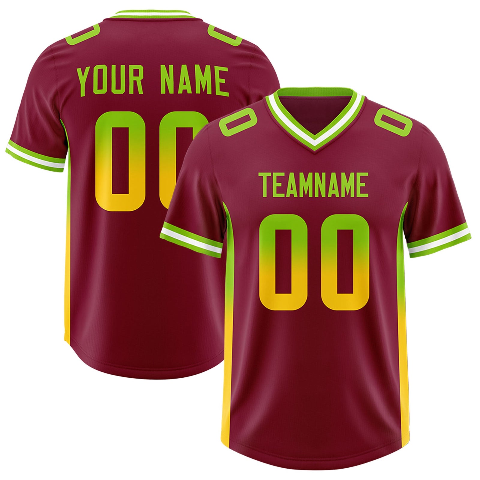 Custom Cardinal Neon Green and Gold Sides Gradient Fashion Personalized Team Football Jersey