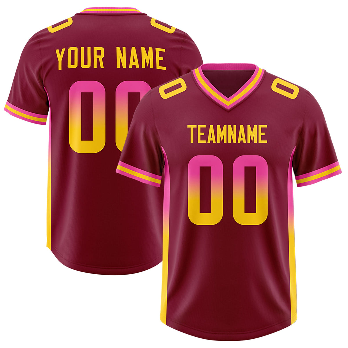 Custom Cardinal Pink and Gold Sides Gradient Fashion Personalized Team Football Jersey
