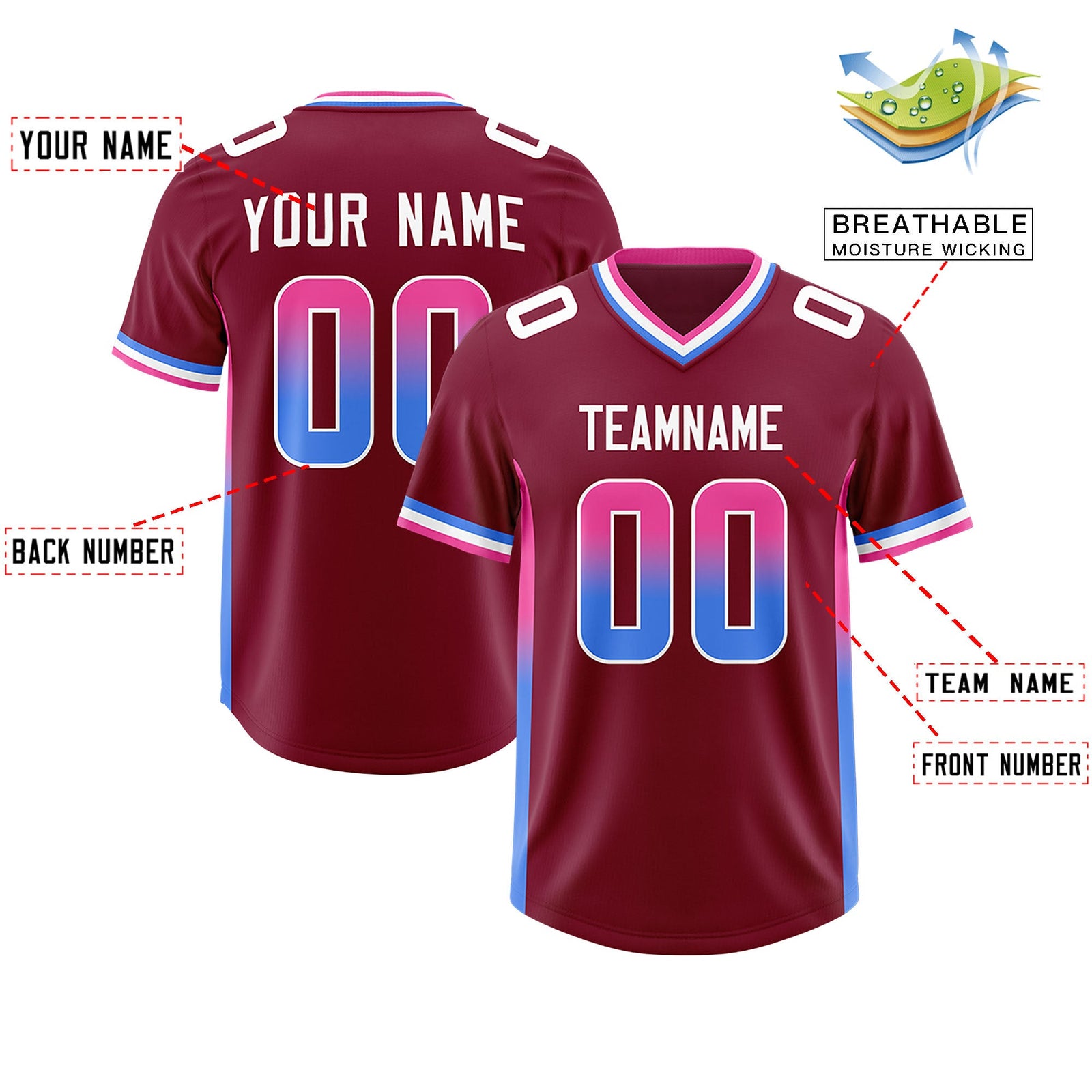 Custom Cardinal Pink and Powder Blue Sides Gradient Fashion Personalized Team Football Jersey
