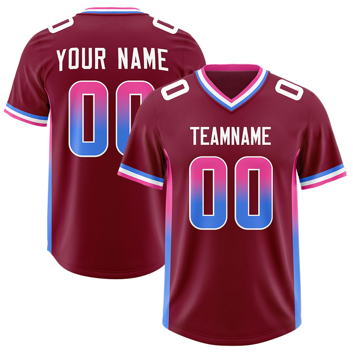 Custom Cardinal Pink and Powder Blue Sides Gradient Fashion Personalized Team Football Jersey