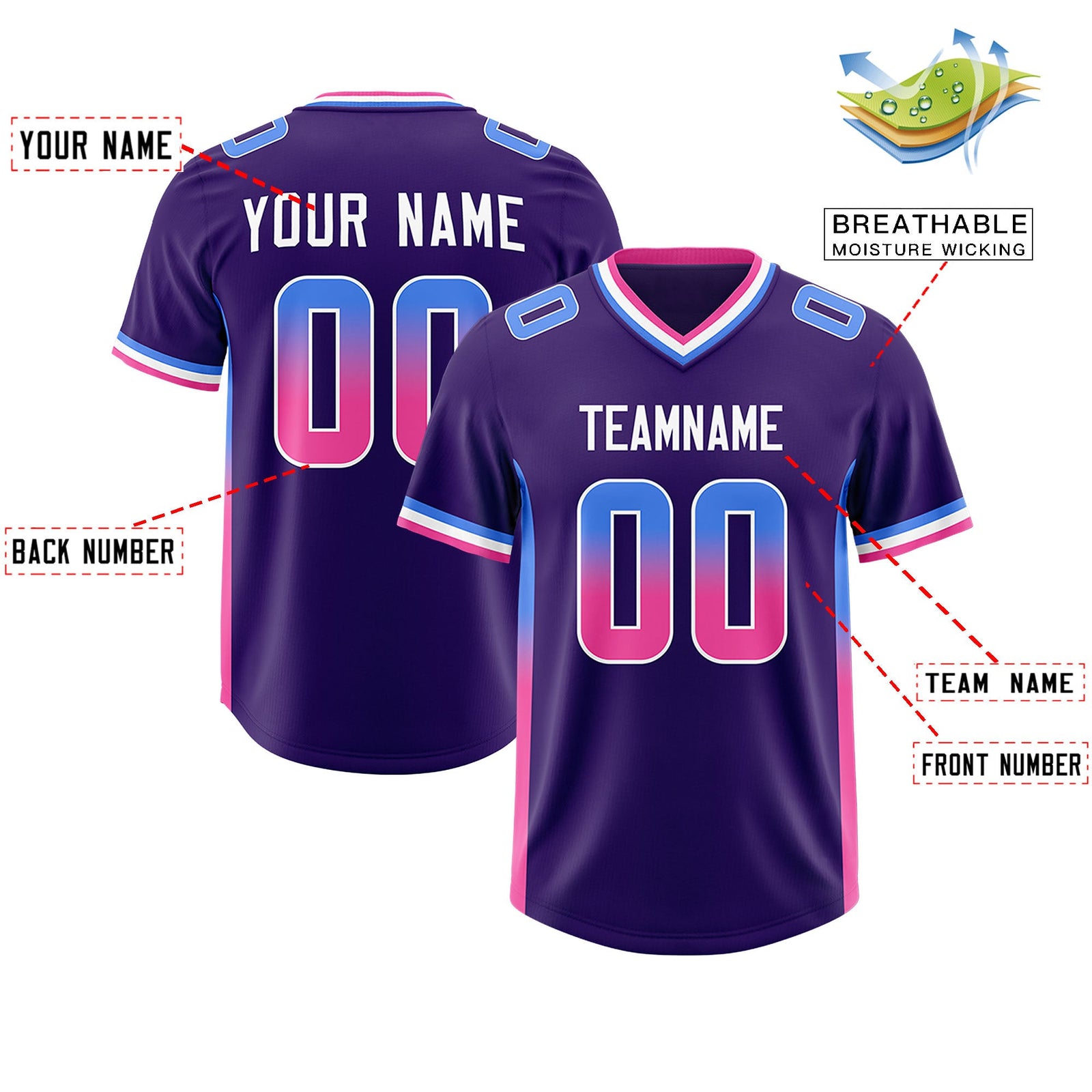 Custom Purple Powder Blue and Pink Sides Gradient Fashion Personalized Team Football Jersey