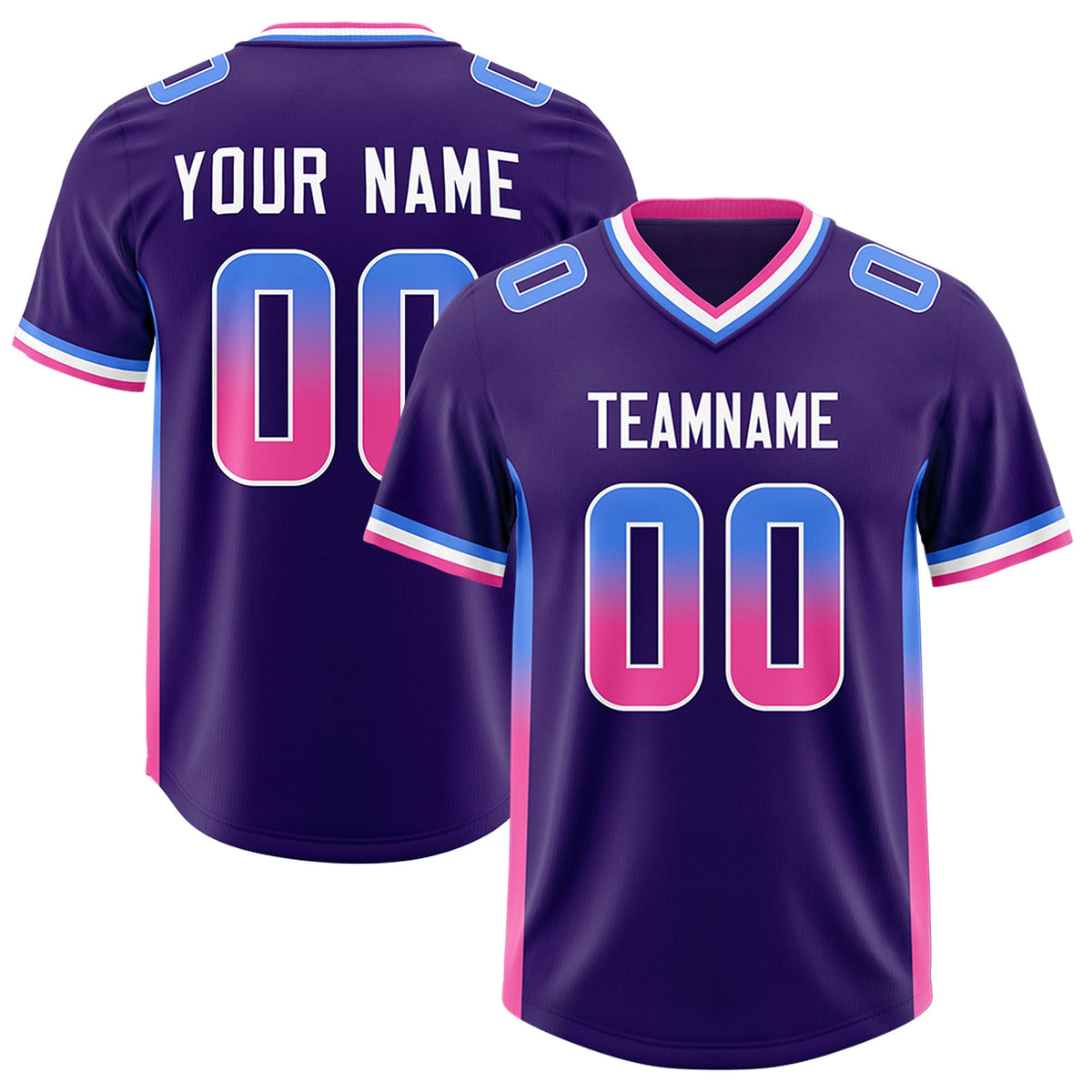 Custom Purple Powder Blue and Pink Sides Gradient Fashion Personalized Team Football Jersey