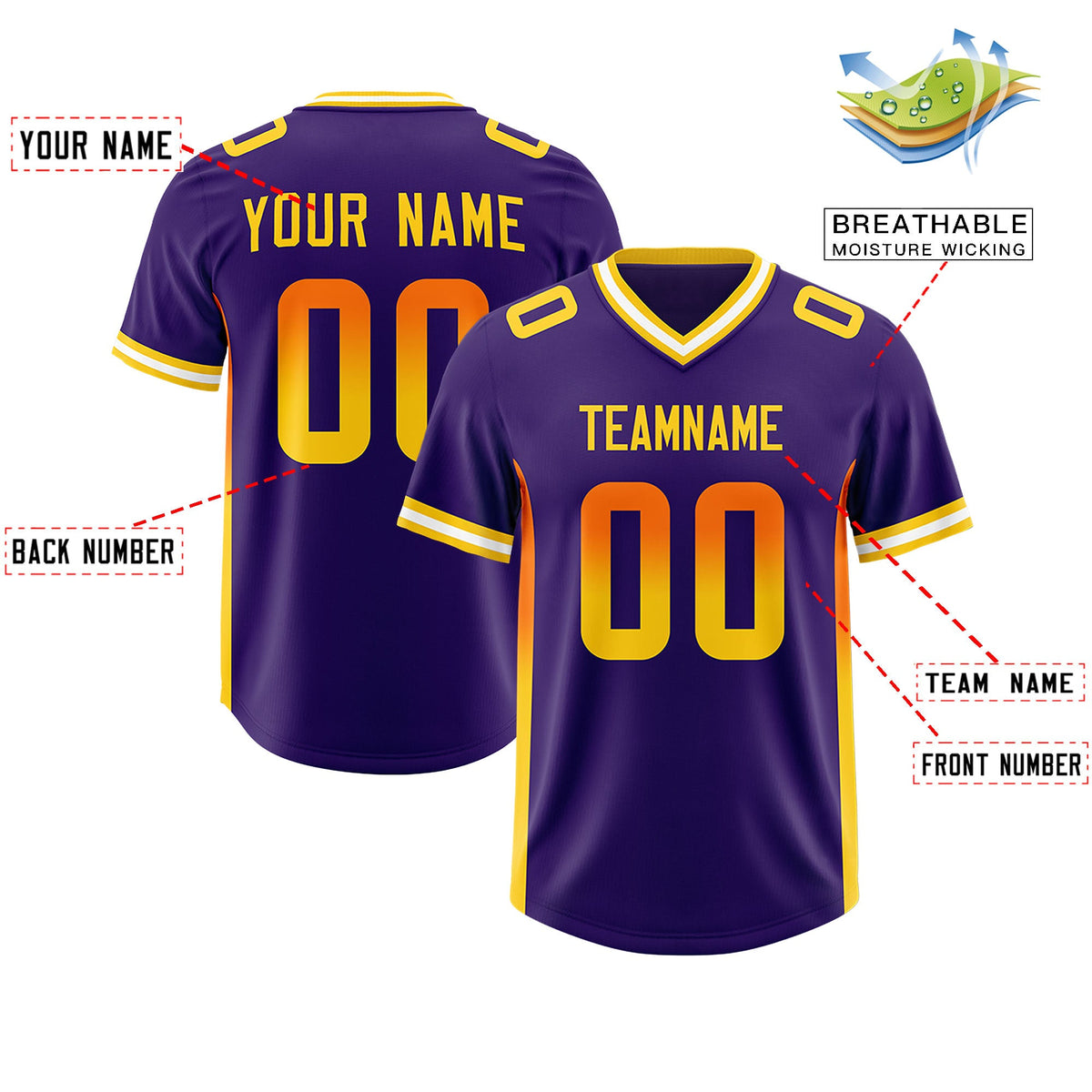 Custom Purple Orange and Gold Sides Gradient Fashion Personalized Team Football Jersey