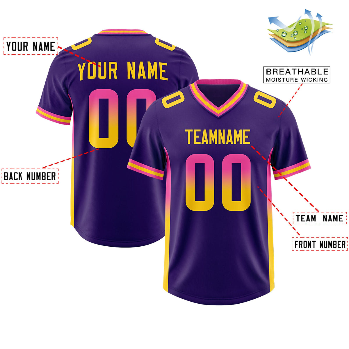 Custom Purple Pink and Gold Sides Gradient Fashion Personalized Team Football Jersey