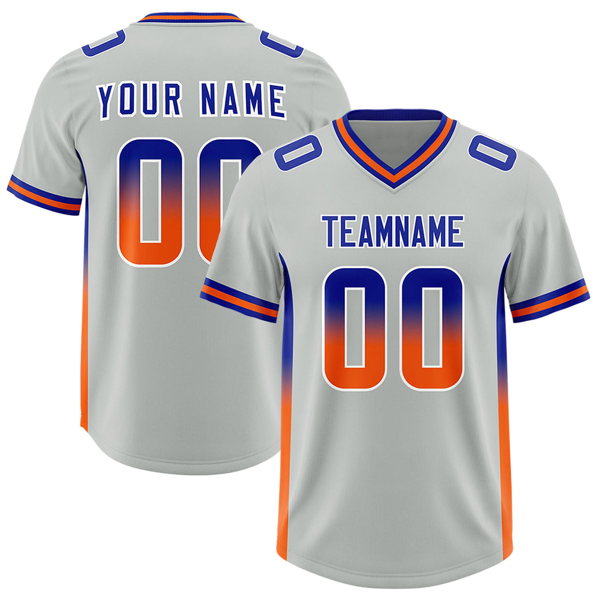 Custom Gray Royal and Orange Sides Gradient Fashion Personalized Team Football Jersey