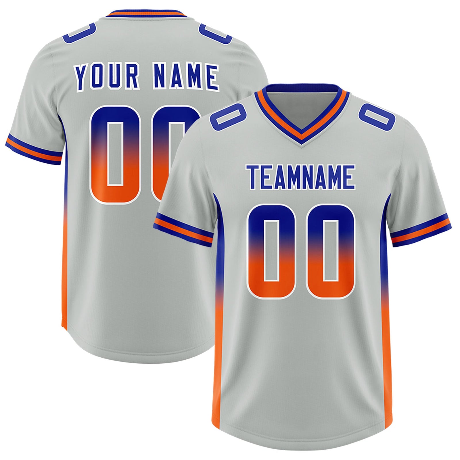 Custom Gray Royal and Orange Sides Gradient Fashion Personalized Team Football Jersey
