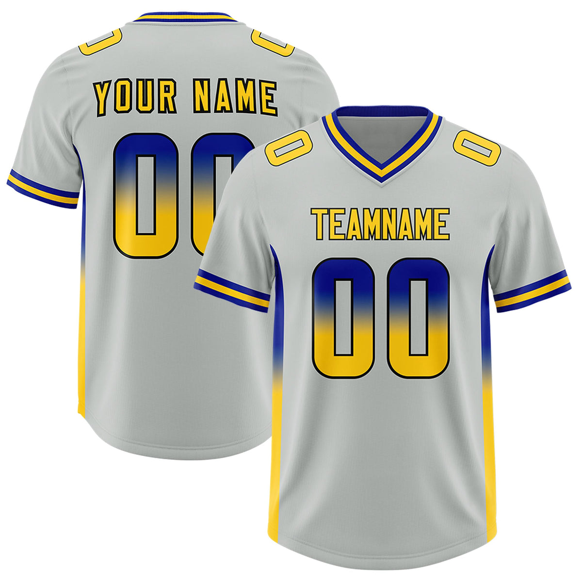 Custom Gray Royal and Gold Sides Gradient Fashion Personalized Team Football Jersey