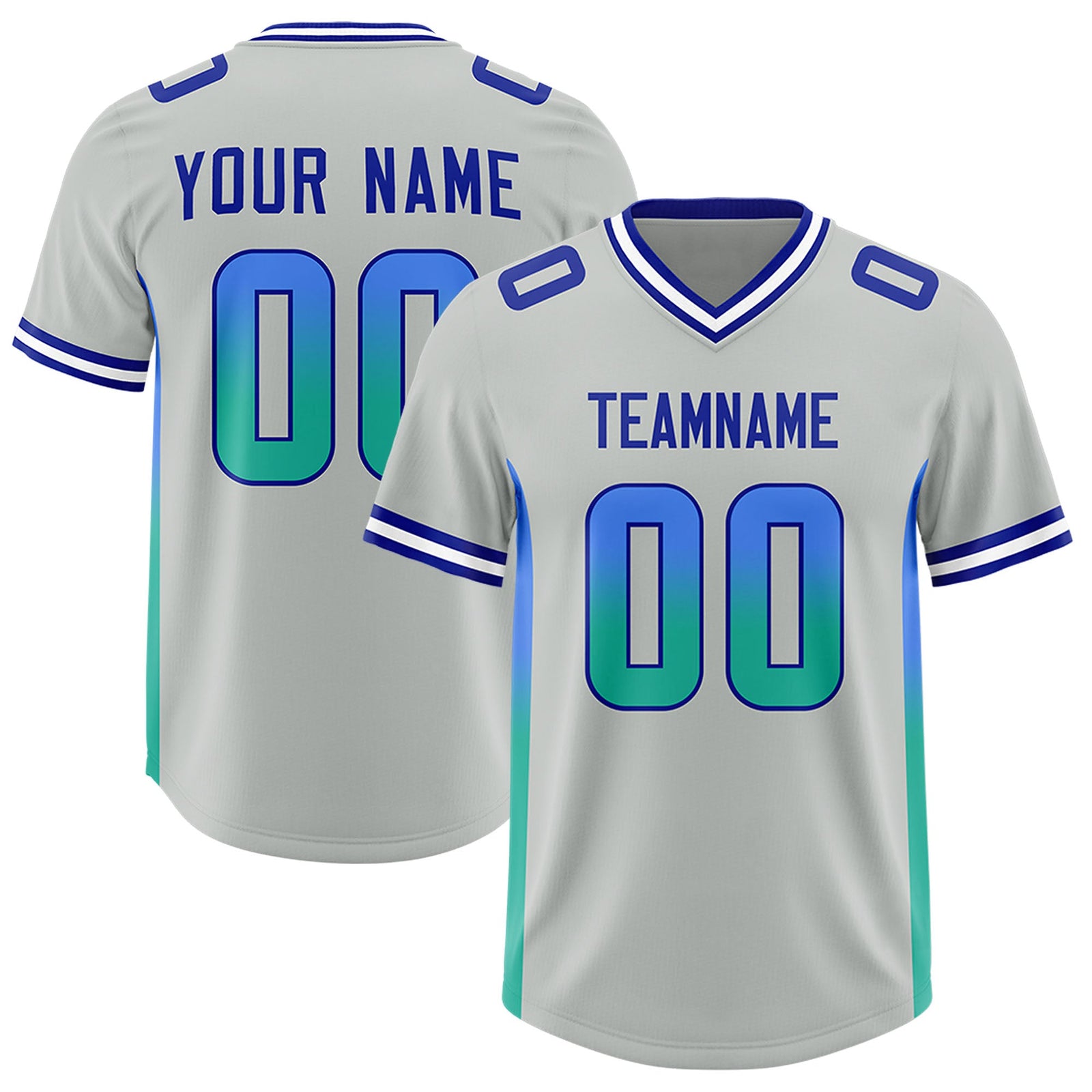 Custom Gray Powder Blue and Bright Green Sides Gradient Fashion Personalized Team Football Jersey
