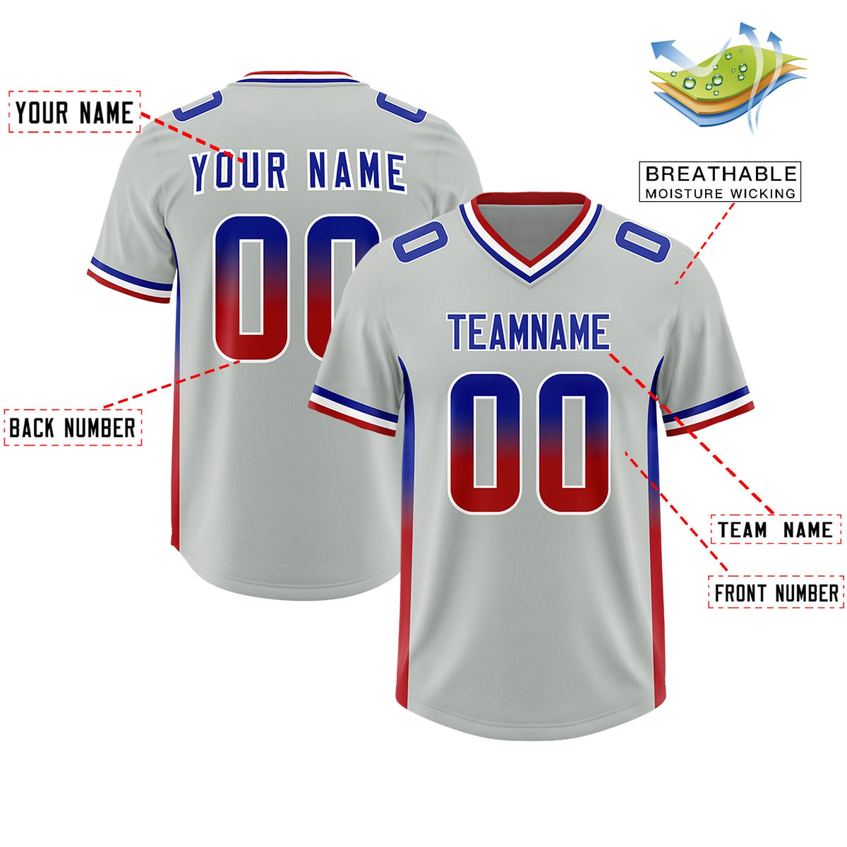 Custom Gray Royal and Red Sides Gradient Fashion Personalized Team Football Jersey