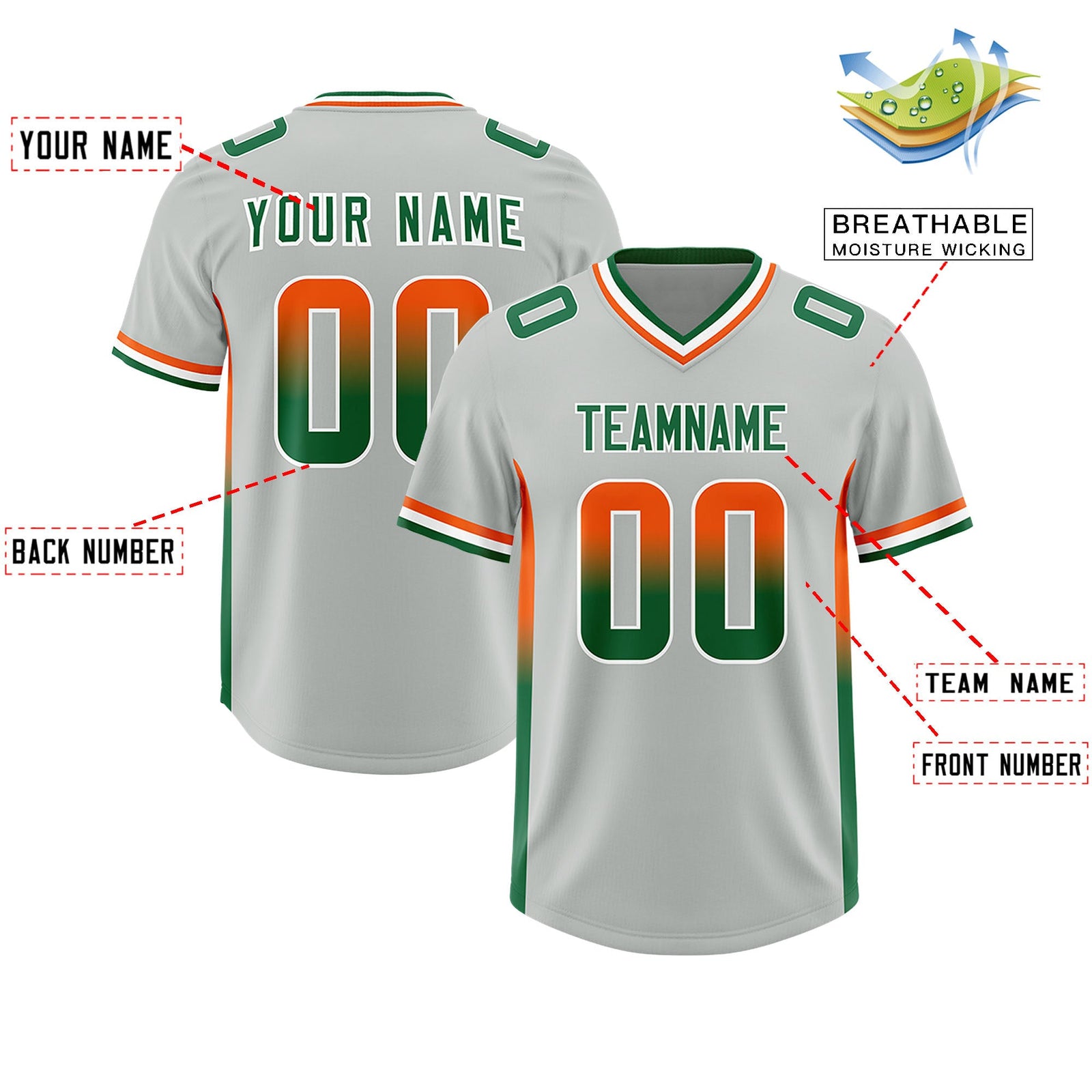 Custom Gray Orange and Kelly Green Sides Gradient Fashion Personalized Team Football Jersey
