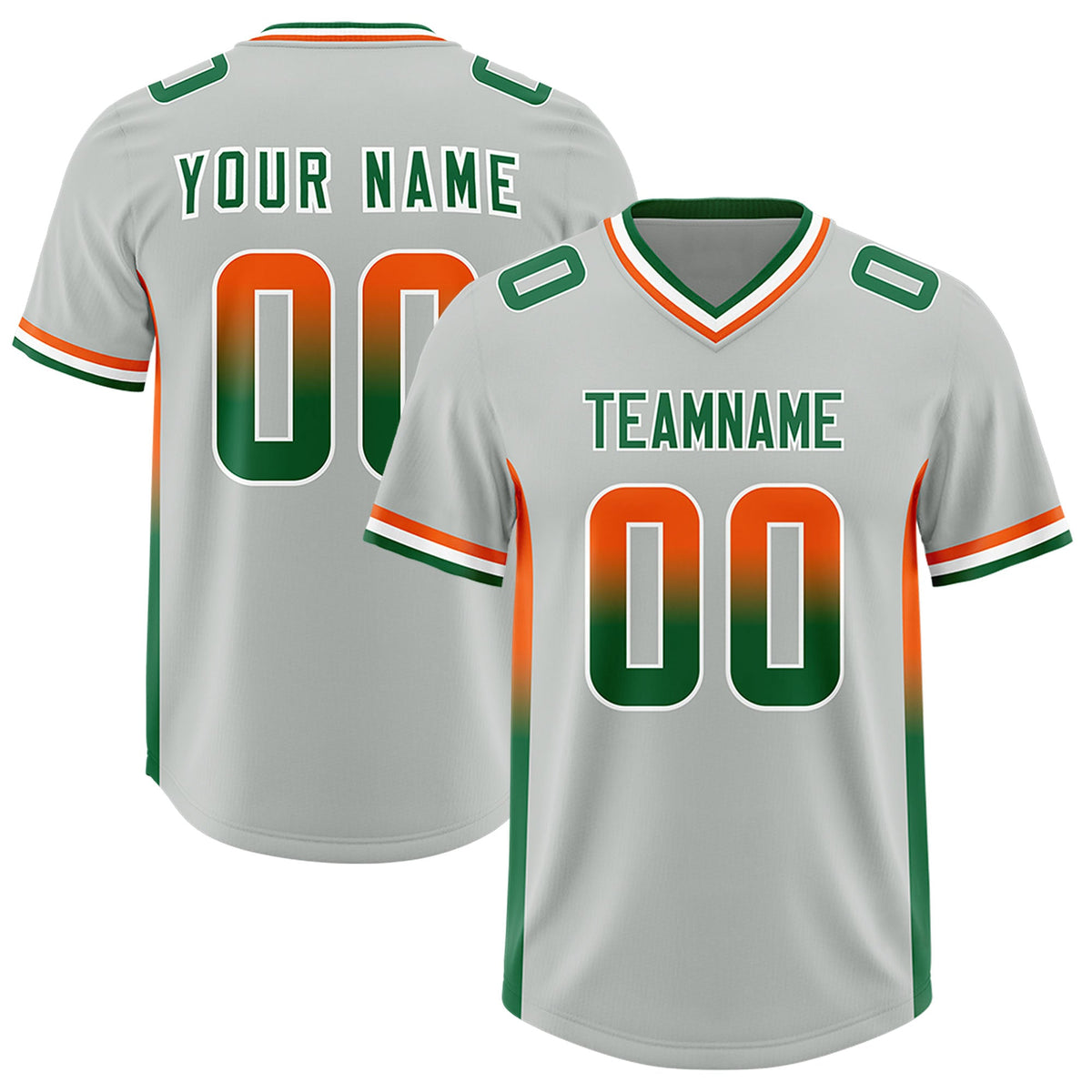 Custom Gray Orange and Kelly Green Sides Gradient Fashion Personalized Team Football Jersey