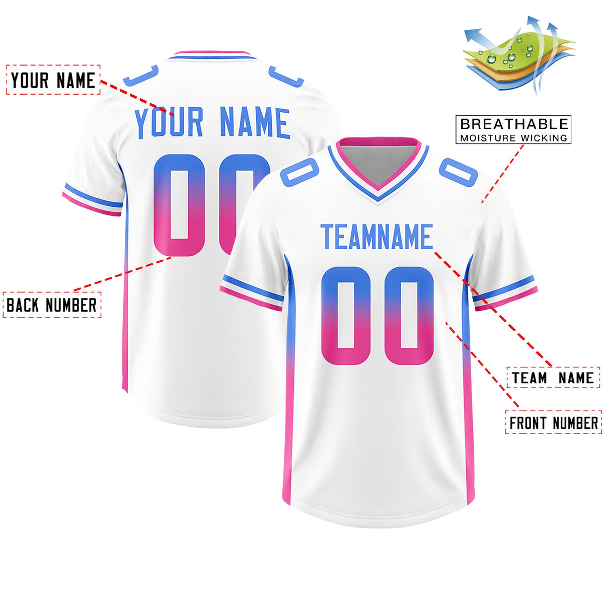 Custom White Powder Blue and Pink Sides Gradient Fashion Personalized Team Football Jersey