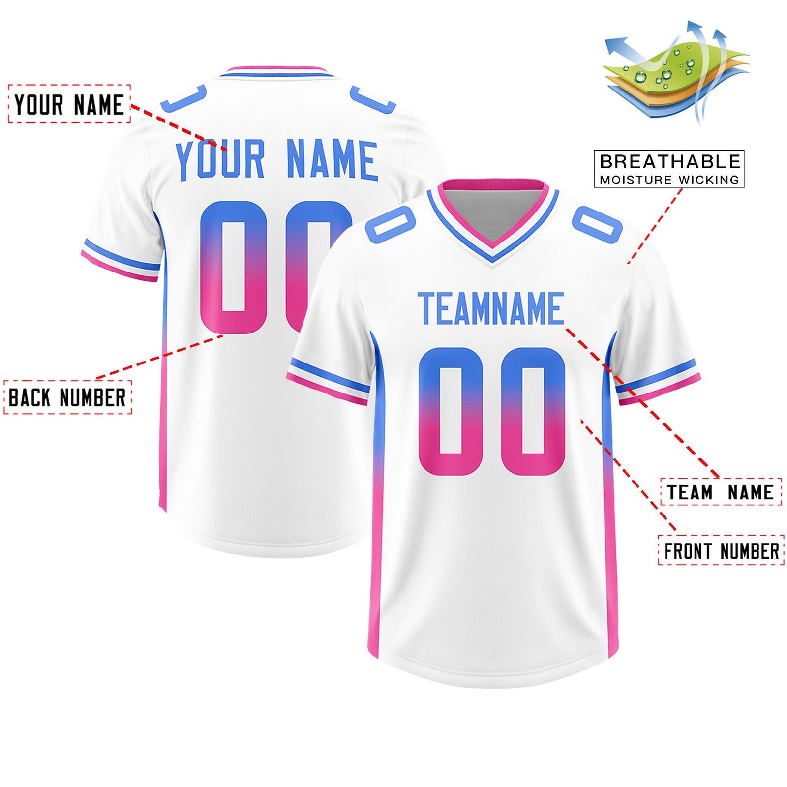 Custom White Powder Blue and Pink Sides Gradient Fashion Personalized Team Football Jersey