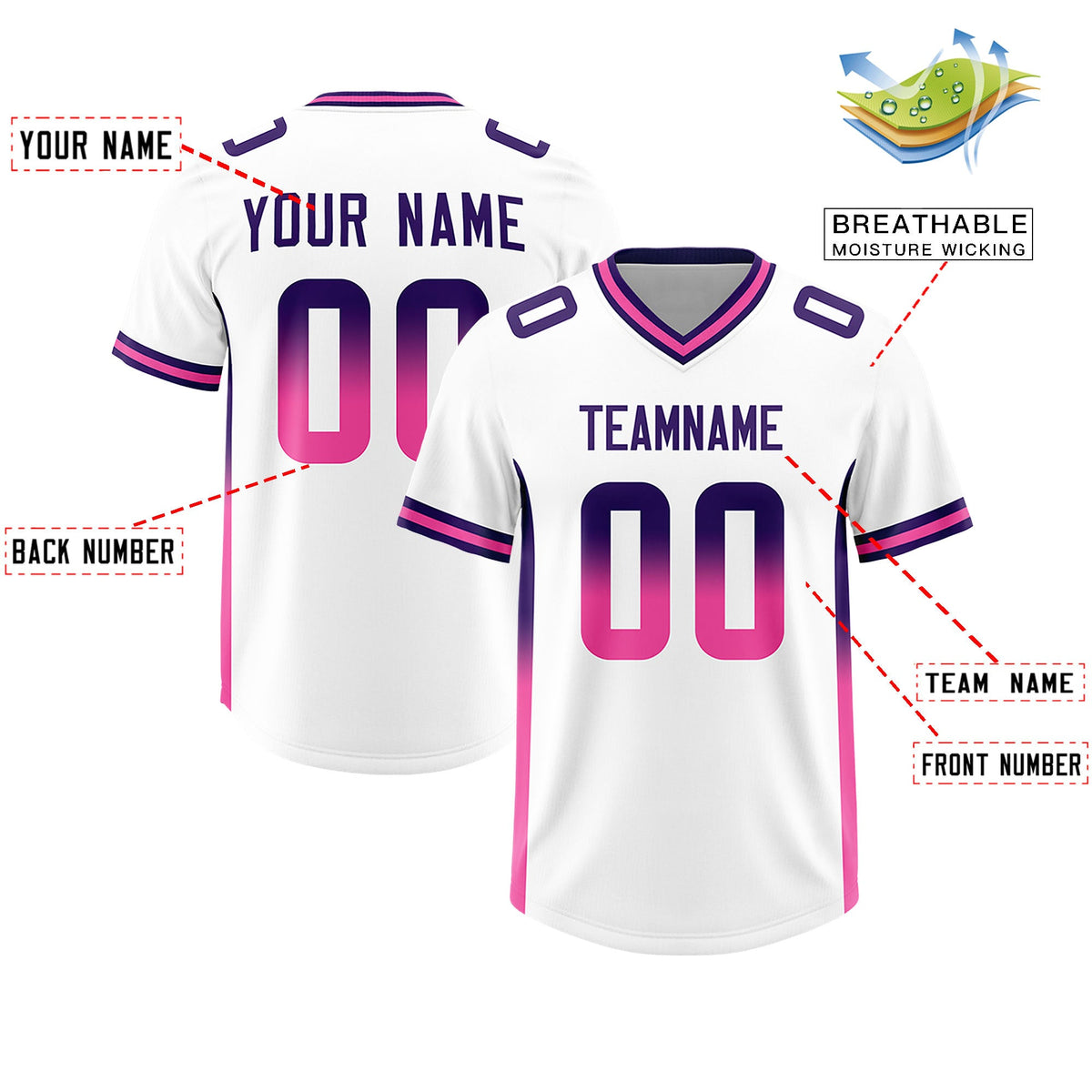 Custom White Purple and Pink Sides Gradient Fashion Personalized Team Football Jersey