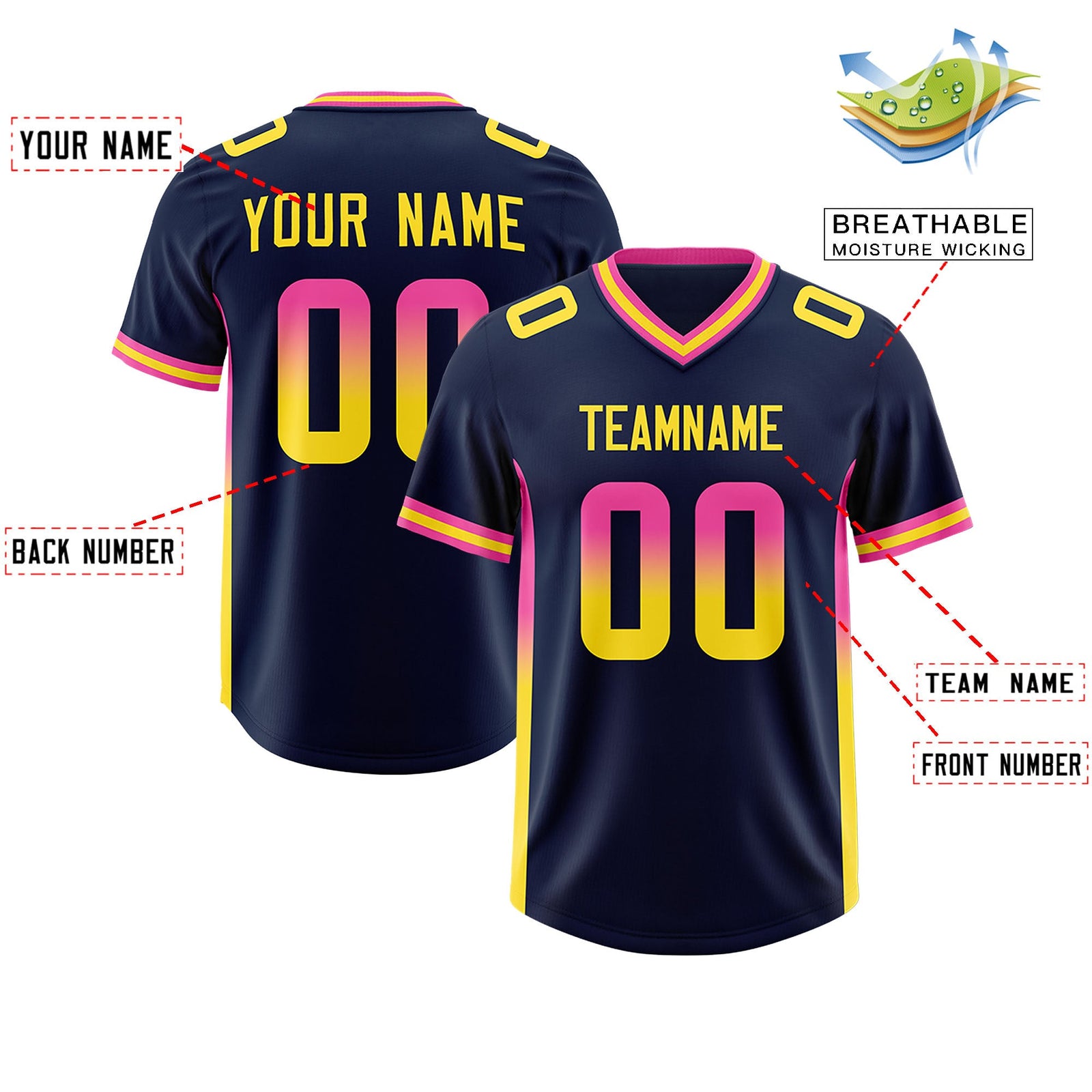 Custom Navy Pink and Gold Sides Gradient Fashion Personalized Team Football Jersey