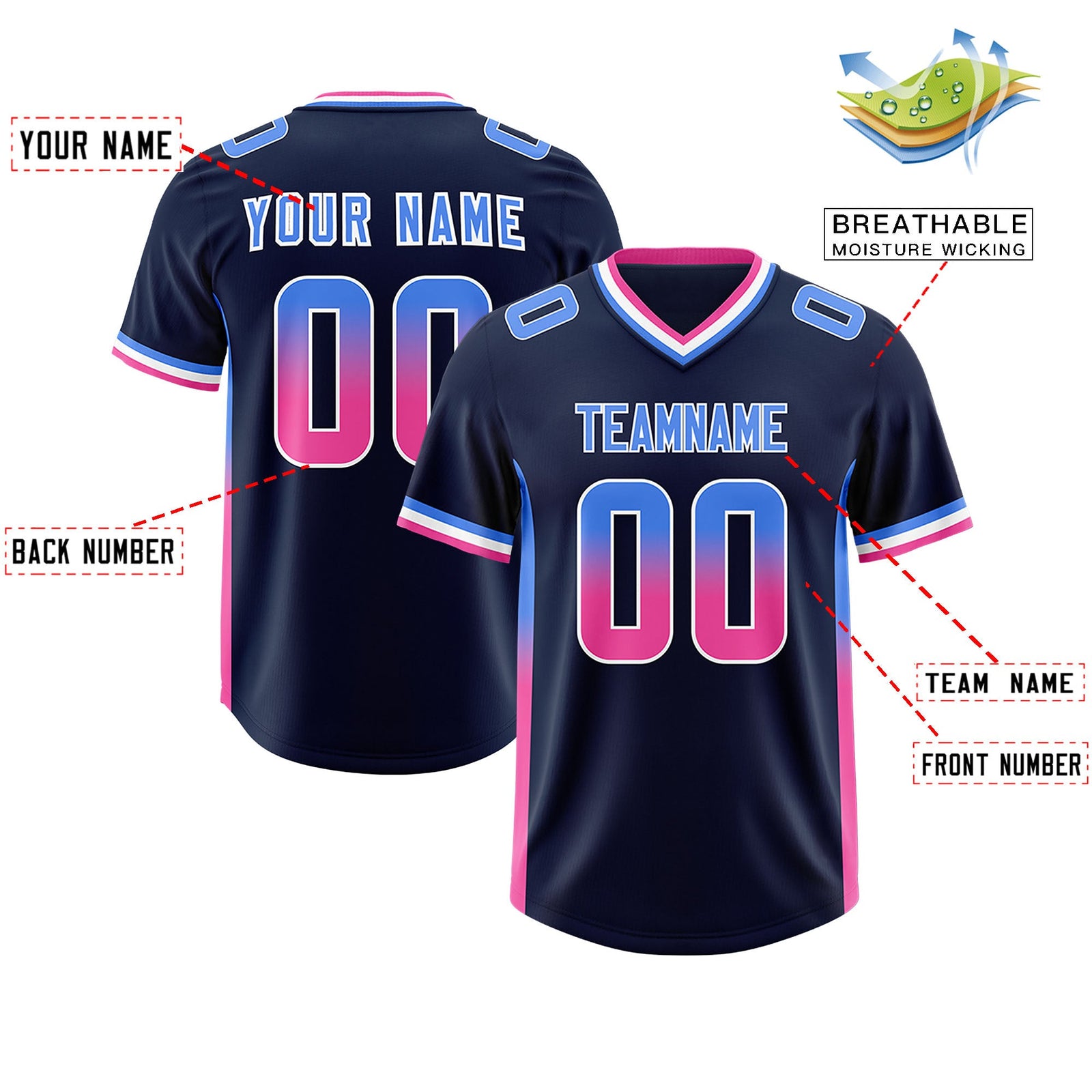 Custom Navy Powder Blue and Pink Sides Gradient Fashion Personalized Team Football Jersey