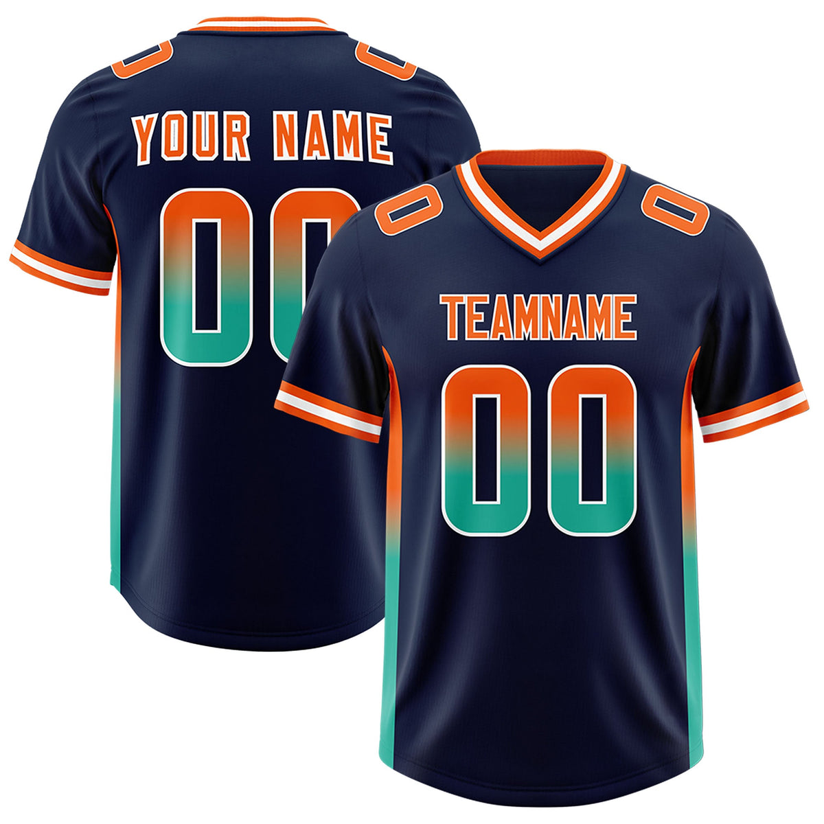 Custom Navy Orange and Bright Green Sides Gradient Fashion Personalized Team Football Jersey