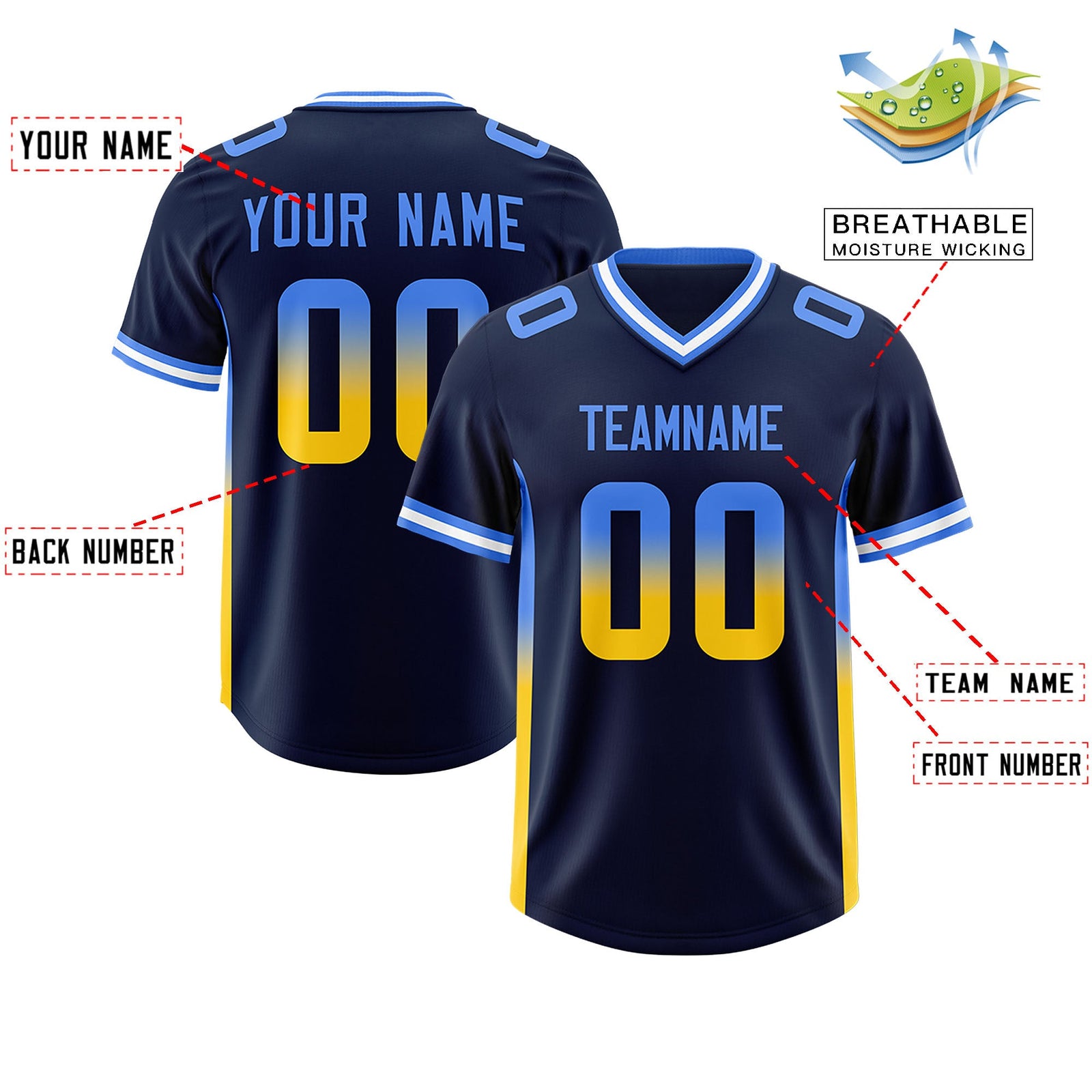 Custom Navy Powder Blue and Gold Sides Gradient Fashion Personalized Team Football Jersey