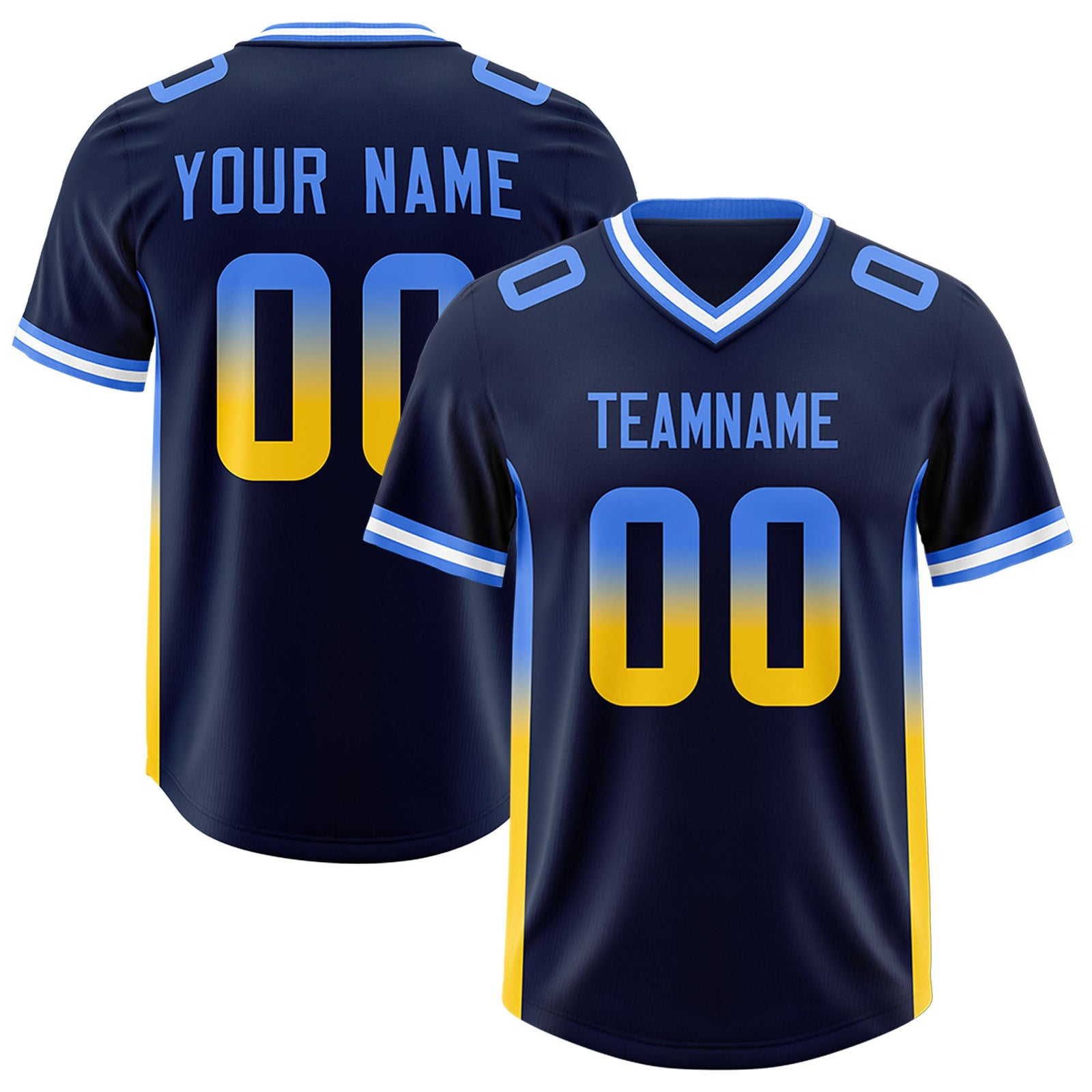 Custom Navy Powder Blue and Gold Sides Gradient Fashion Personalized Team Football Jersey