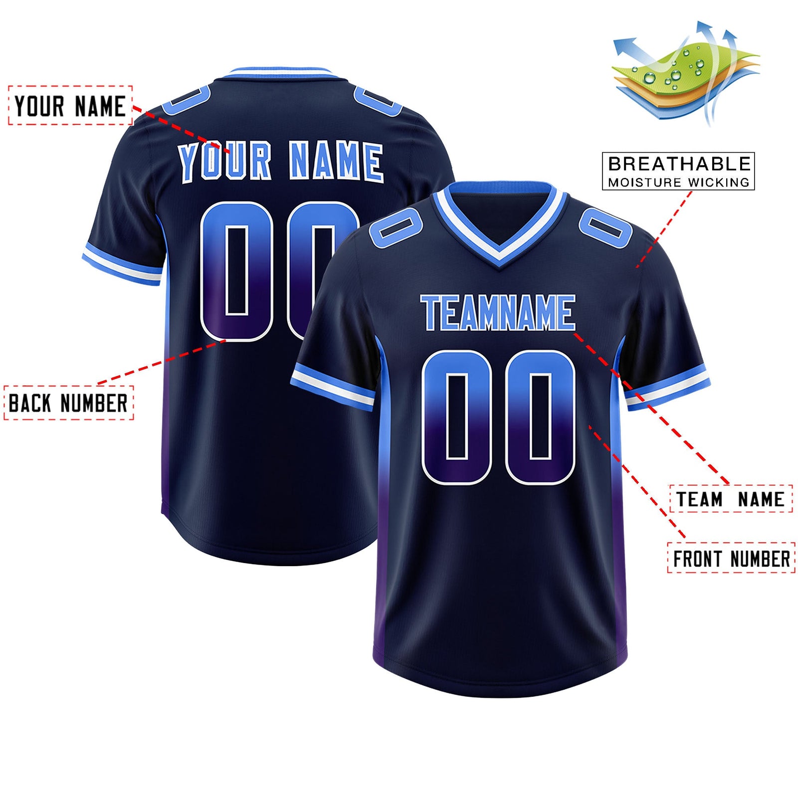 Custom Navy Powder Blue and Purple Sides Gradient Fashion Personalized Team Football Jersey