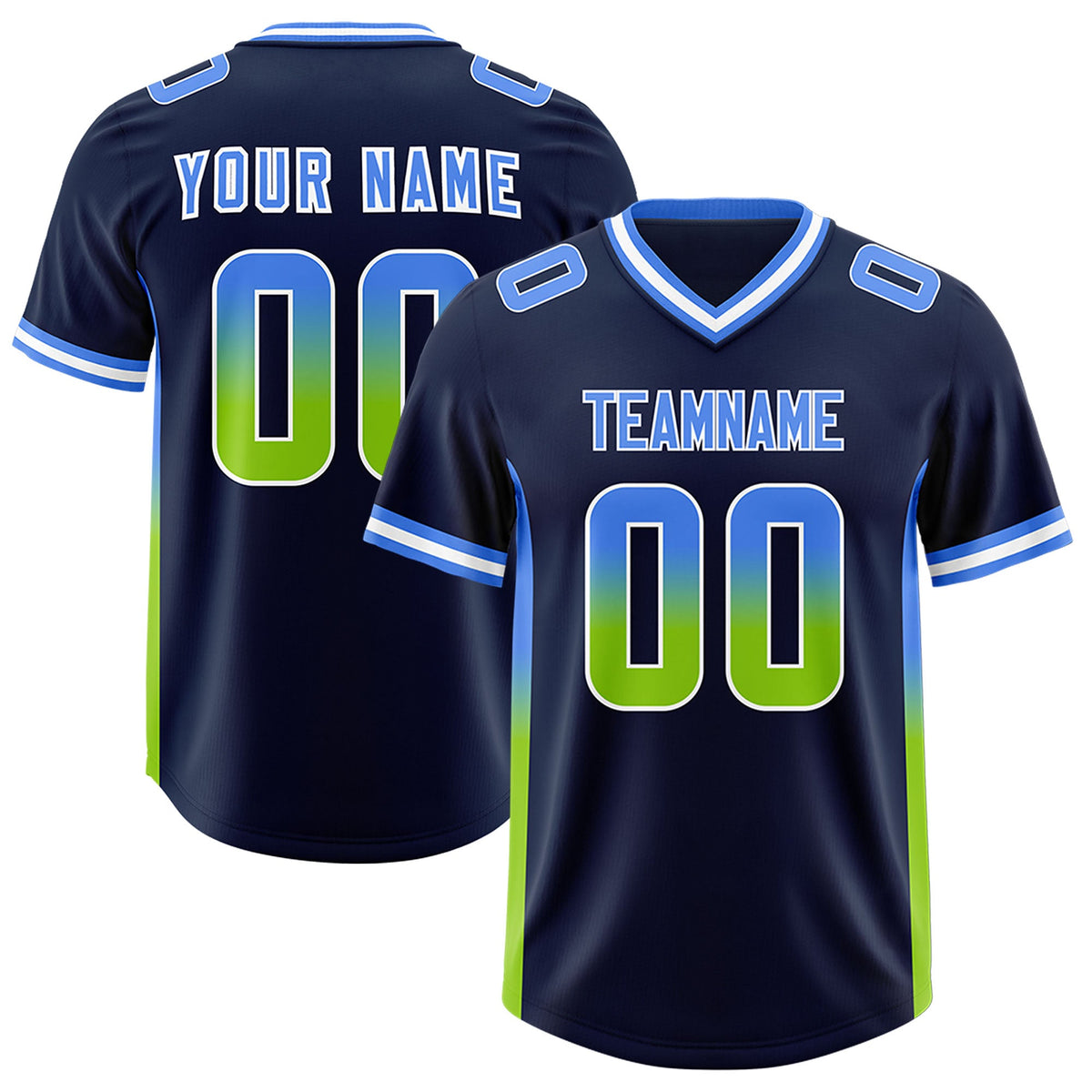 Custom Navy Powder Blue and Neon Green Sides Gradient Fashion Personalized Team Football Jersey