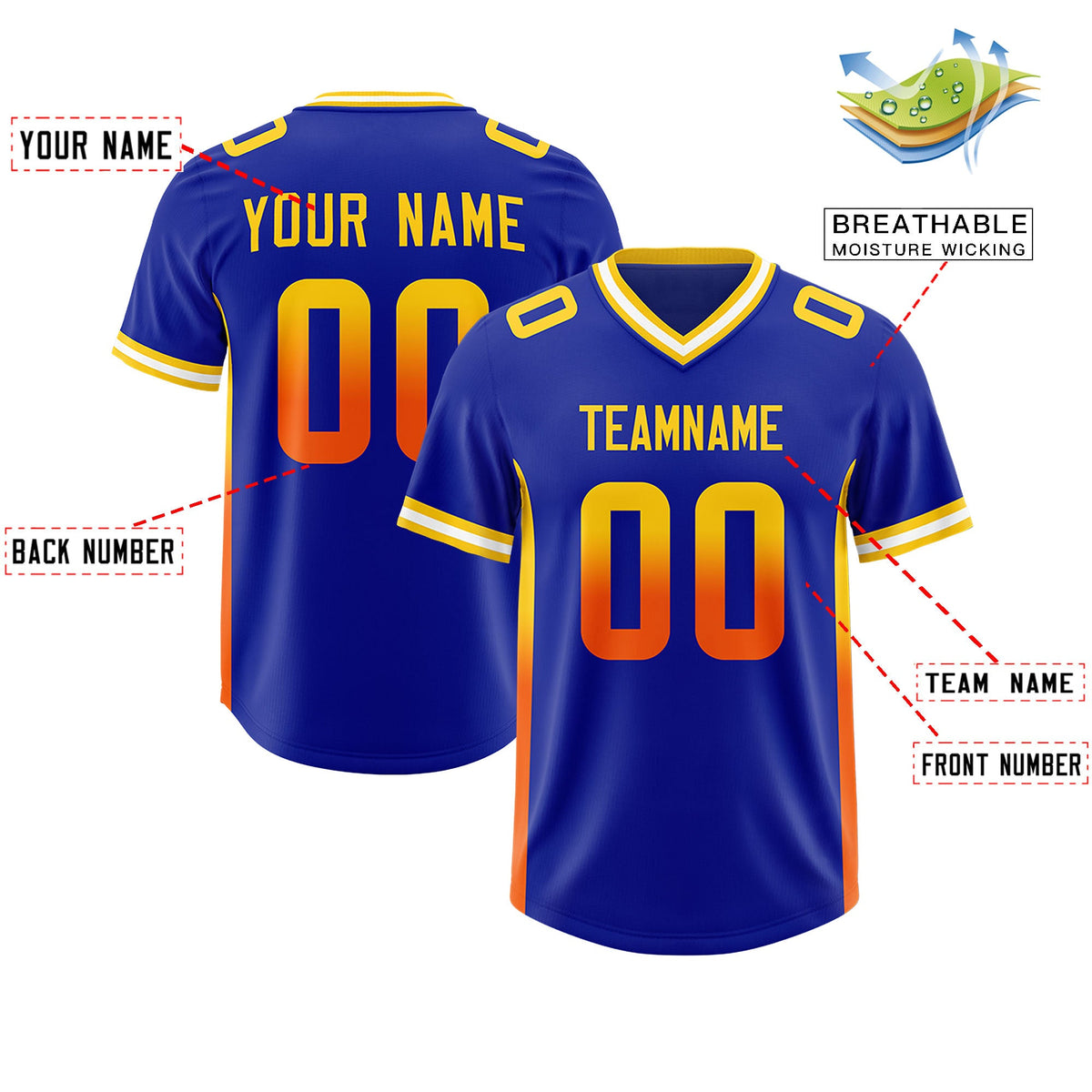 Custom Royal Gold Sides Gradient Fashion Personalized Team Football Jersey