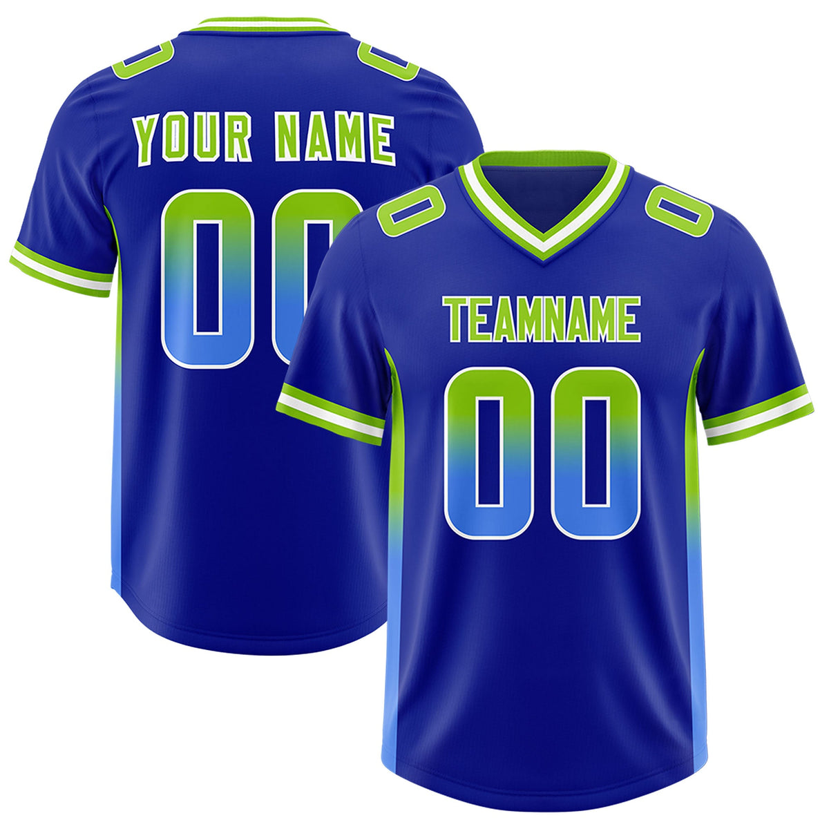 Custom Royal Neon Green and Powder Blue Sides Gradient Fashion Personalized Team Football Jersey