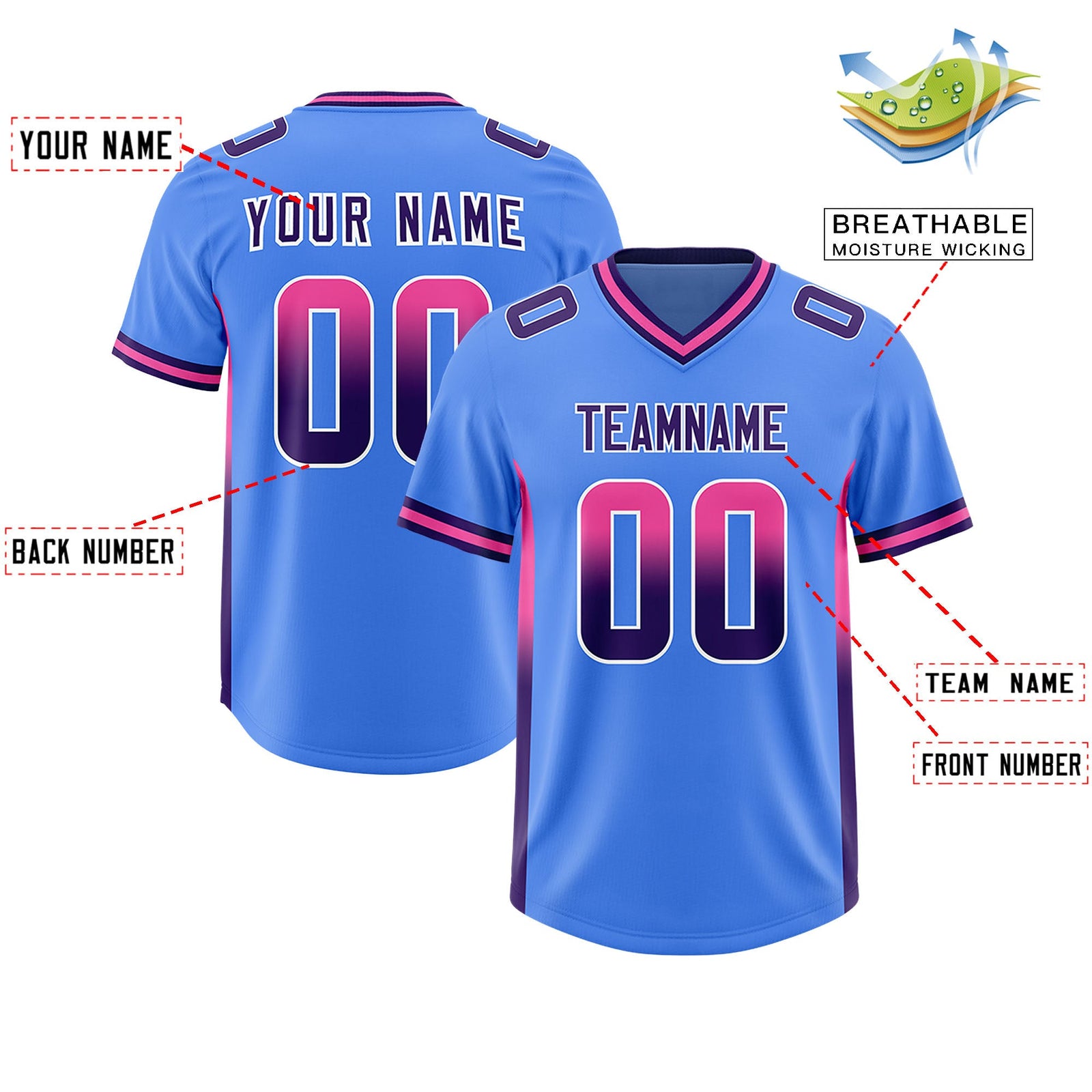 Custom Powder Blue Pink and Purple Sides Gradient Fashion Personalized Team Football Jersey