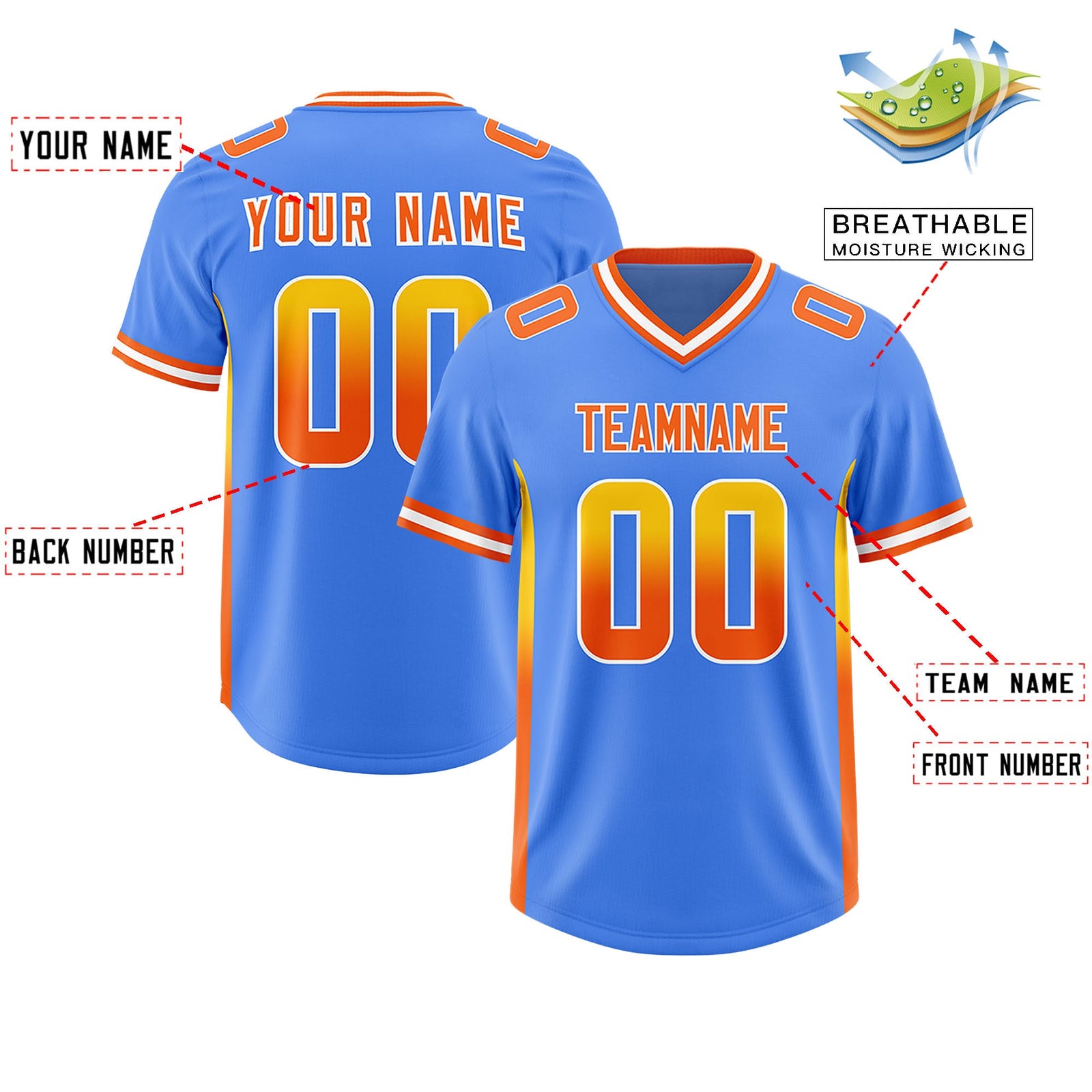 Custom Powder Blue Gold and  Sides Gradient Fashion Personalized Team Football Jersey