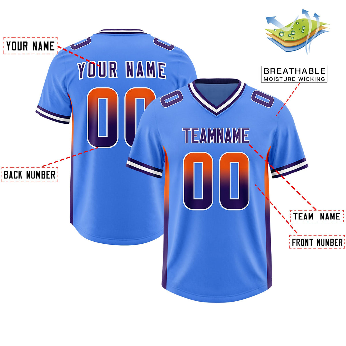 Custom Powder Blue Orange and Purple Sides Gradient Fashion Personalized Team Football Jersey